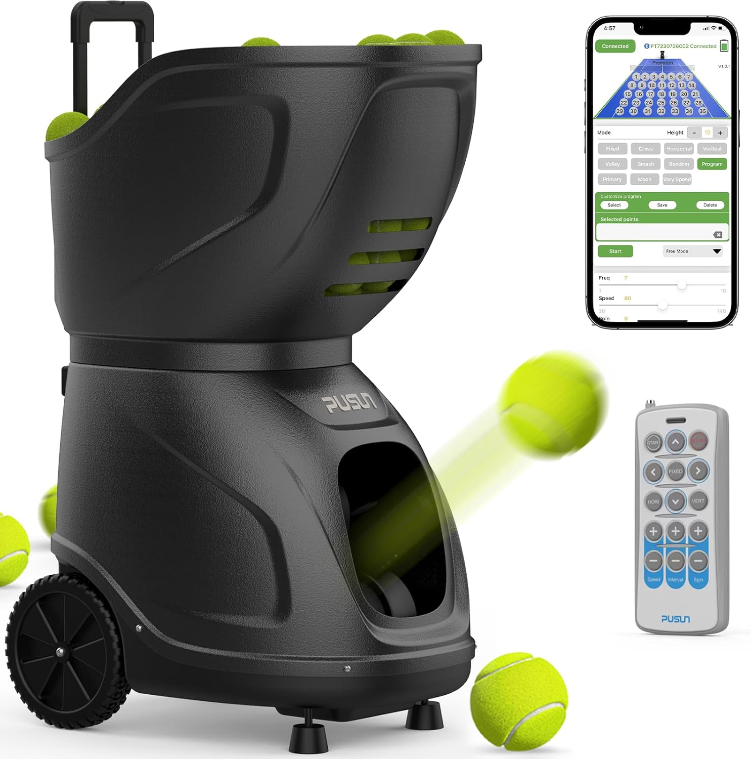 PT-9001Pro Tennisballmaschine - Profi Ballwerfer mit APP-Steuerung (App für Watch), 35 Landepunkte & Variable Geschwindigkeit, mobiler Ballwerfer (7-10 Std. Akkulaufzeit)