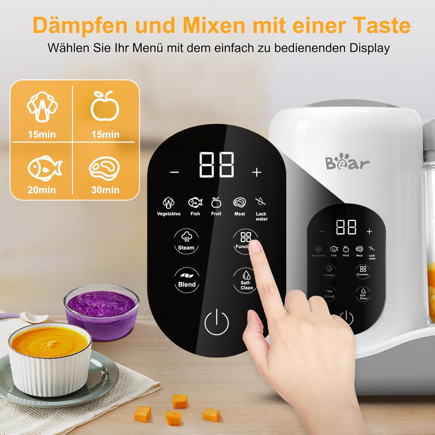Bear Babynahrungszubereiter,Eine Stufe Baby Food Maker Dampfgarer Mixen,Automatisches Kochen & Zerkleinern,Babybrei Zubereiter mit Selbstreinigungsfunktion,Wei