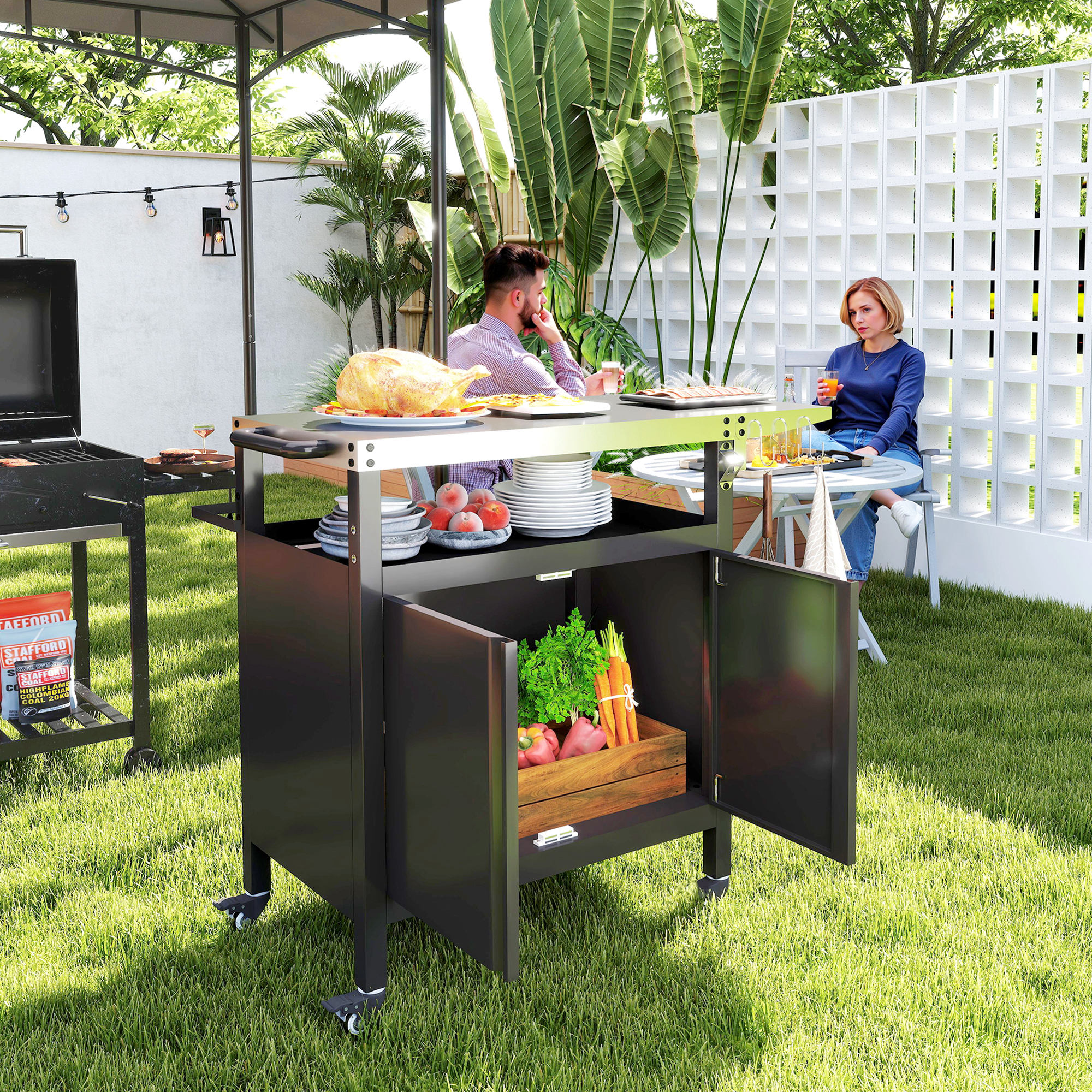Outsunny Grillwagen met 3 Niveaus Serveerwagen met Werkblad Schrank Haken Wieltjes 116x50x93cm Zwart