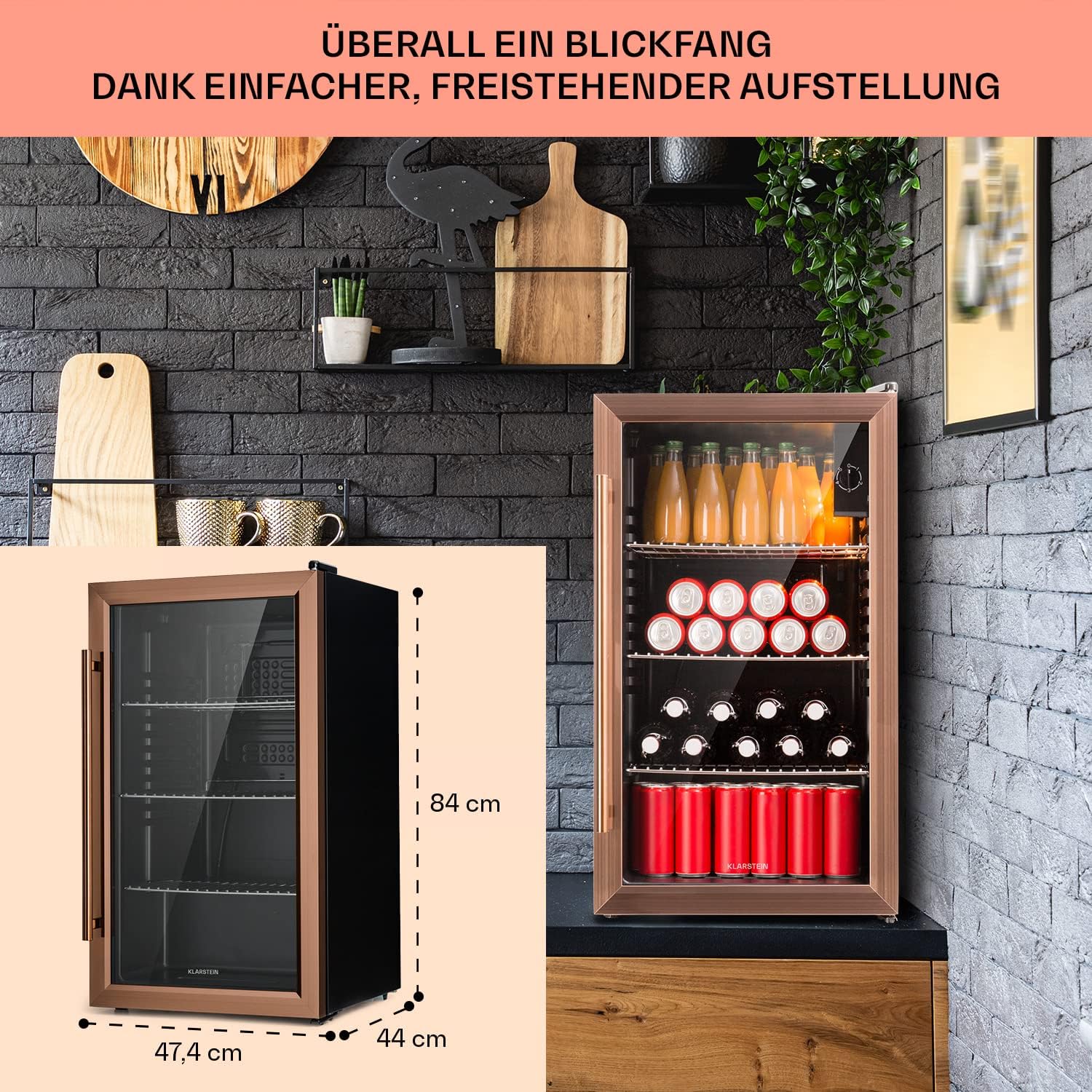 Klarstein Mini Kühlschrank mit Glastür für Zimmer, Getrnkekühlschrank mit Verstellbaren Ablagen, Kleiner 80 Liter, Indoor/Outdoor Kühlschrank Leise