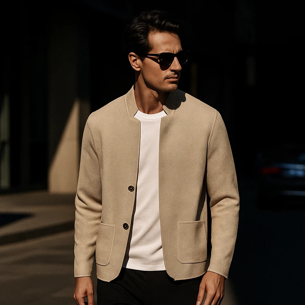 Strukturierte Strickjacke mit Stehkragen f��r Herren