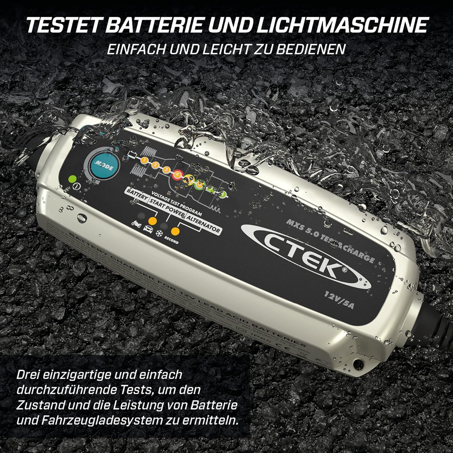 CTEK MXS 5.0 Test & Charge, Batterieladegerät 12V, Batteriepfleger, Ladegerät Auto Und LKW Ladegerät, Testet Batterie Und Lichtmaschine, Entsulfatierungsprogramm Und Rekonditionierungsmodus