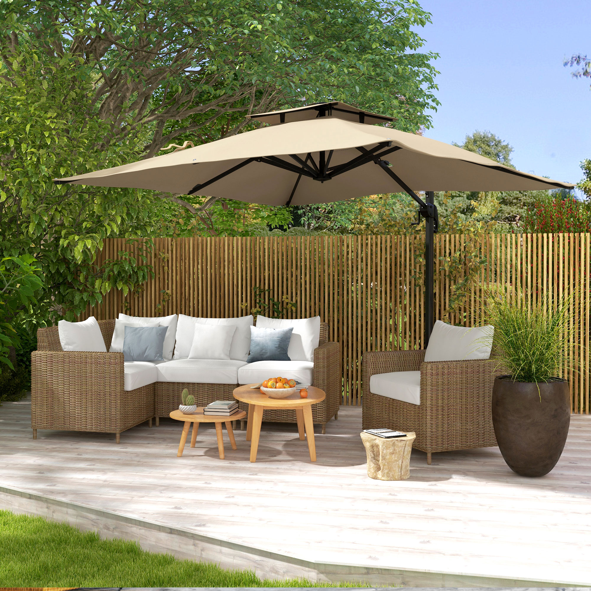 Outsunny Zweefparasol 2.94x2.94, Aluminium, Khaki