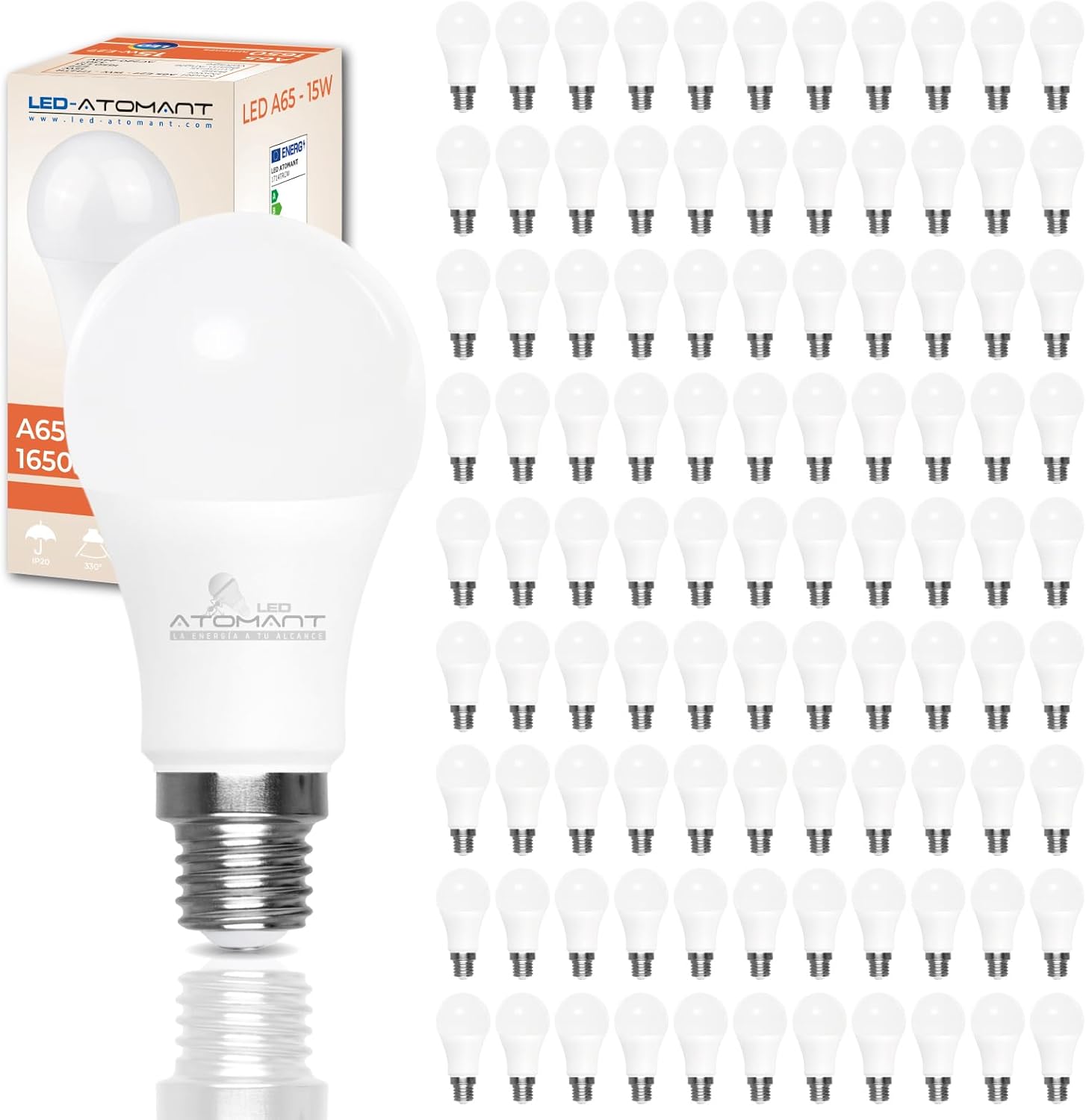LED ATOMANT Packung mit 100 LED-Lampe E27 A65 15W, Warmweiß (3000 K), 1650 Lumen, Großer Schraubsockel, Entspricht 165W, Nicht dimmbar