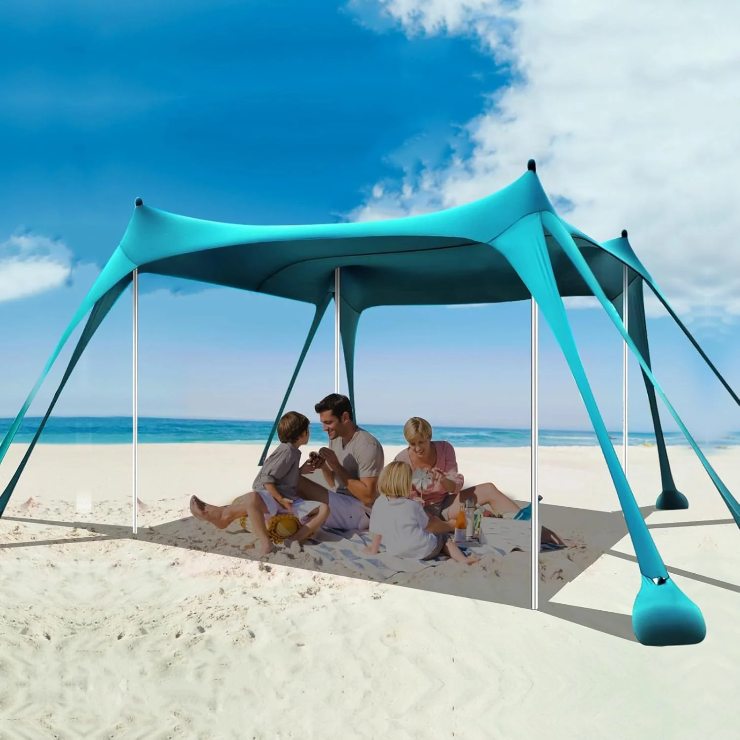 Beach Tent Sun Shelter. 10 x 10 FT Beach Canopy Tent Sun Shade Heavy Duty. UPF50+ Beach Tent Canopy with 8 Sandbags & 4 Stability Poles. Outdoor Beach Shade Canopy for Camping and Fishing. Blue