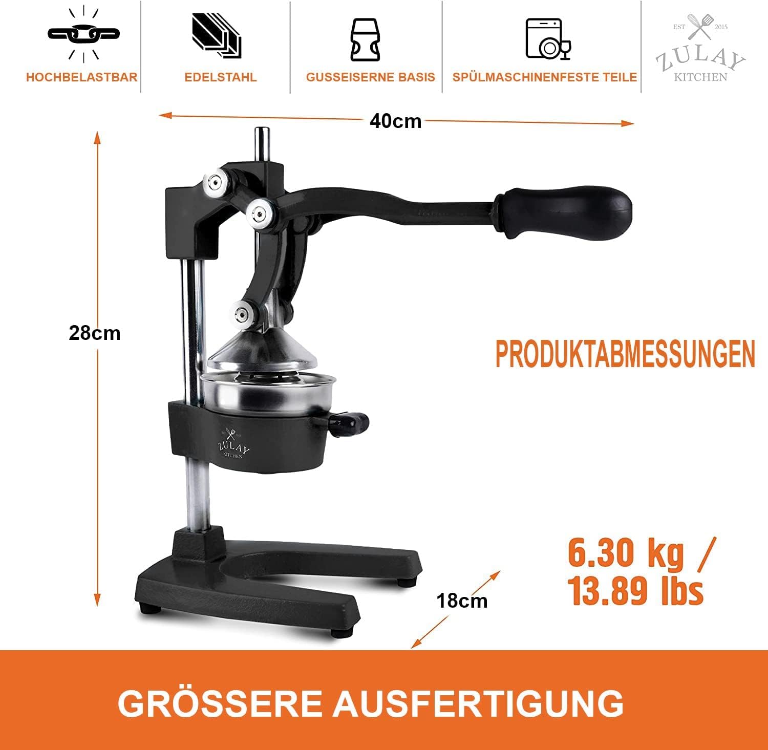 Zulay professionelle Zitruspresse – manueller Entsafter aus Metall – manuelle Zitronenpresse und Orangenpresse – robuster und strapazierfhiger Standentsafter in Premium-Qualitt, schwarz