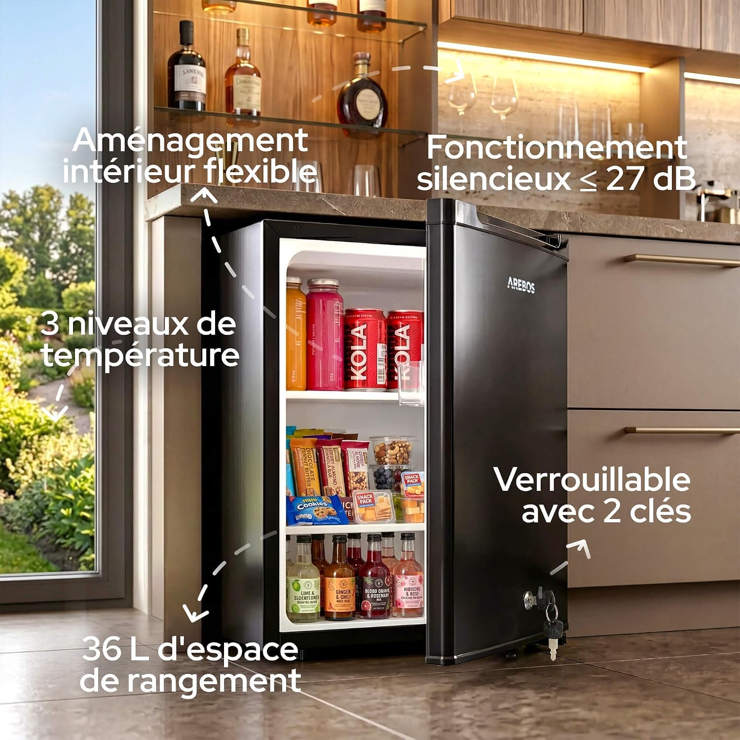 AREBOS Mini Réfrigérateur 40L | Mini Bar Silencieux ≤27 dB | Réfrigérateur Compact Verrouillable avec LED & Température Réglable 5–18 °C | Petit Frigo Bureau | Noir