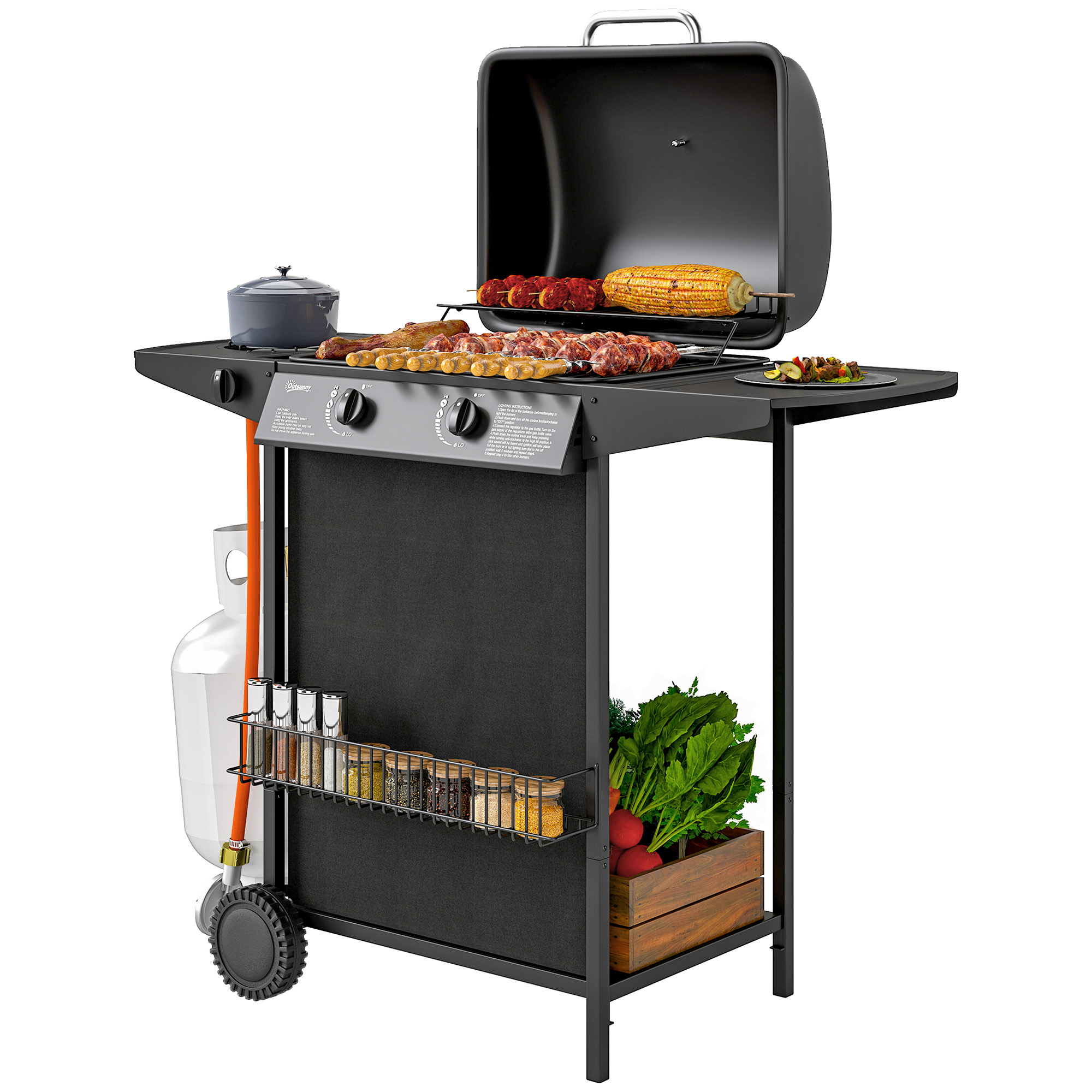 Gasbarbecue 7 KW met 3 Branders, Zijbrander, Rollen & Deksel 107 x 54 x 96 cm Zwart