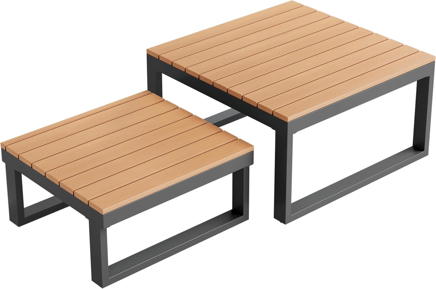 Gartenmöbel-Set, Eckstellung, mit Verstellbarer Neigungsfunktion (5-stufig, bis 55°), verzinktes Stahlrohr, Tischplatte aus Kunststoffholz, mit Zwei Couchtischen, Beige + grau