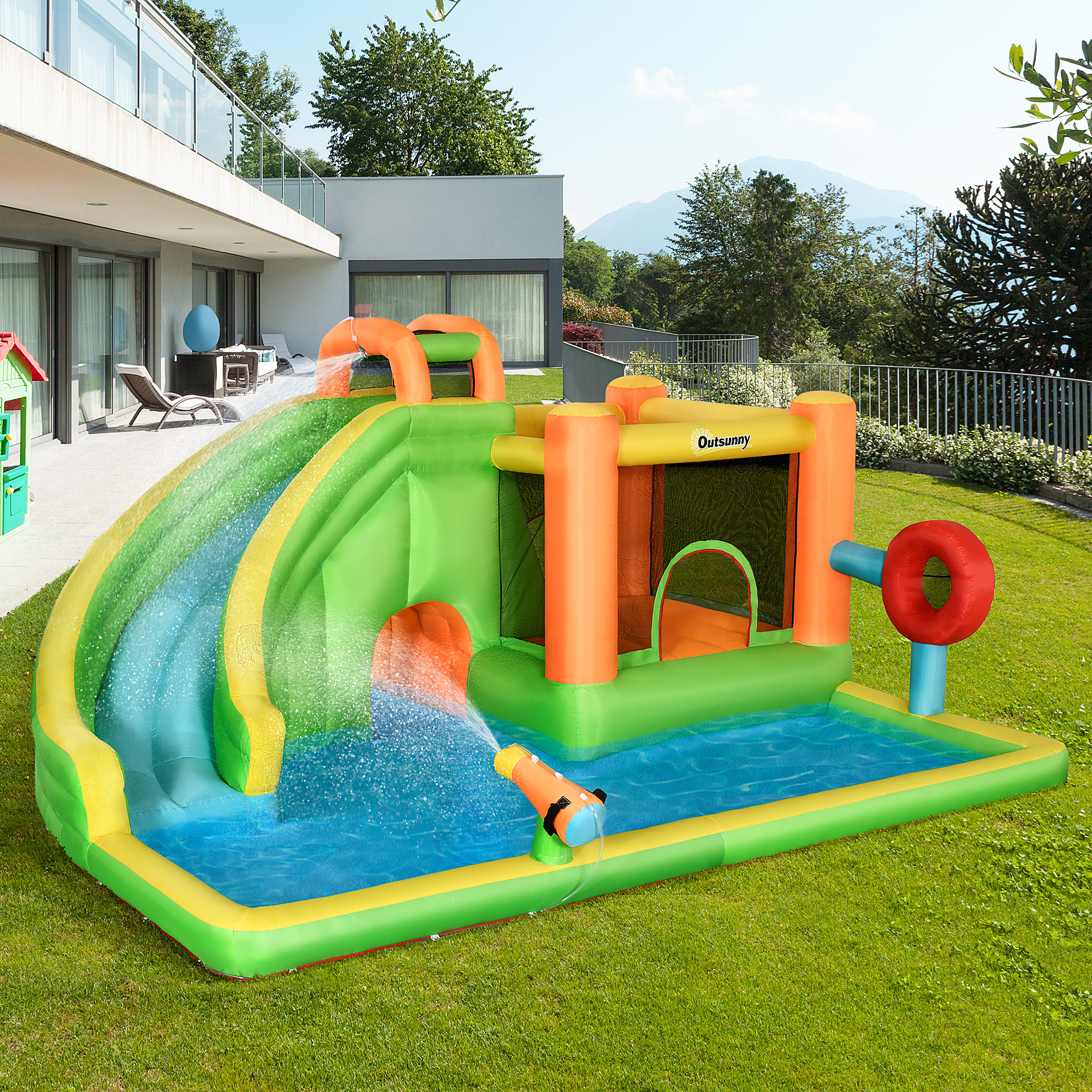 Opblaasbaar springkasteel met glijbaan, springkussen, 2 waterbaden, bokszak, 478 x 440 x 210 cm
