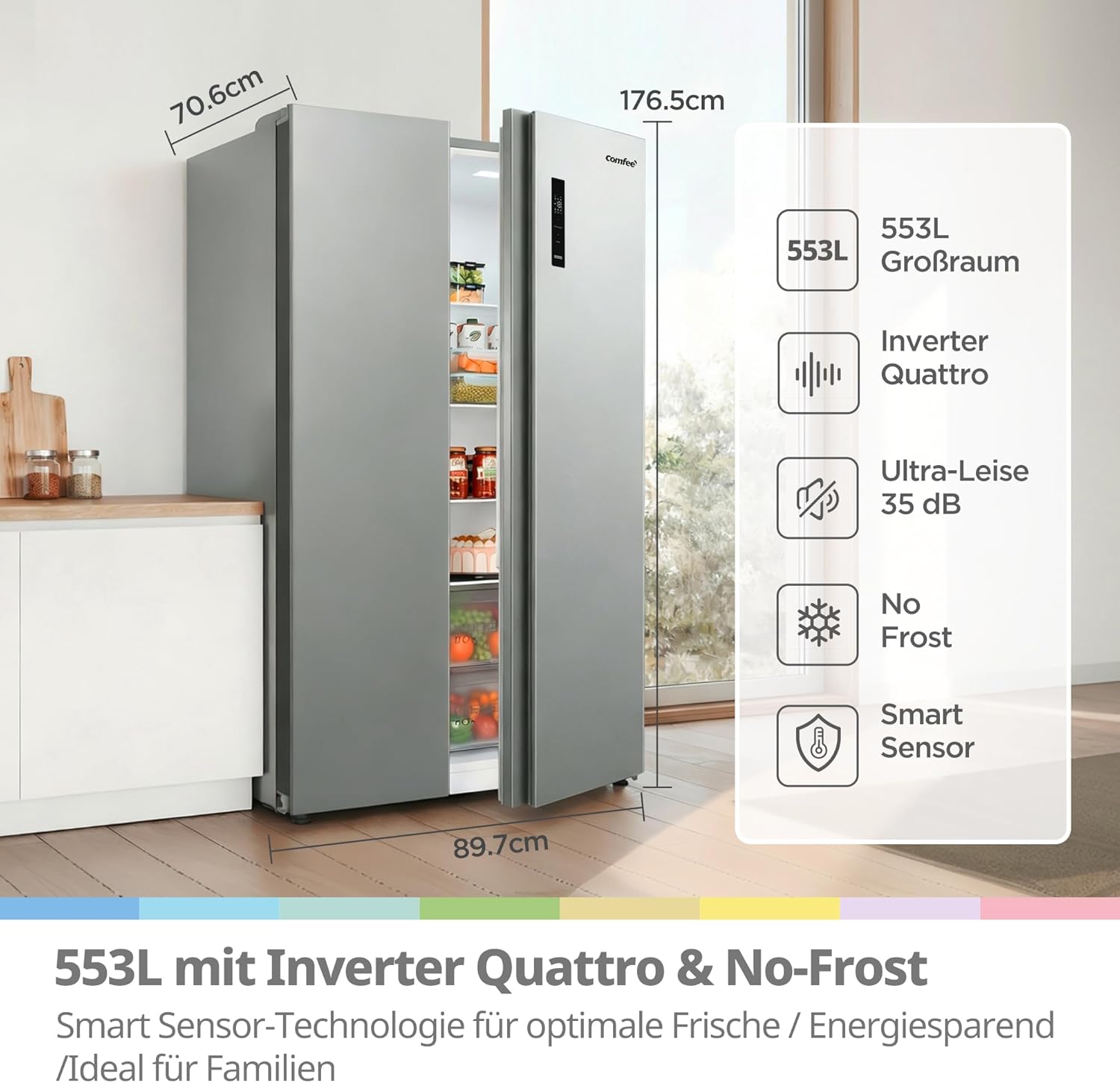 Comfee' Side-by-Side Kühl-Gefrierkombination 553 L | No Frost, 35 dB, Multi-Air-Flow | Platinum Fresh, Sensor & SuperCool | Titan-Grau, RCS536LS01EU(E)