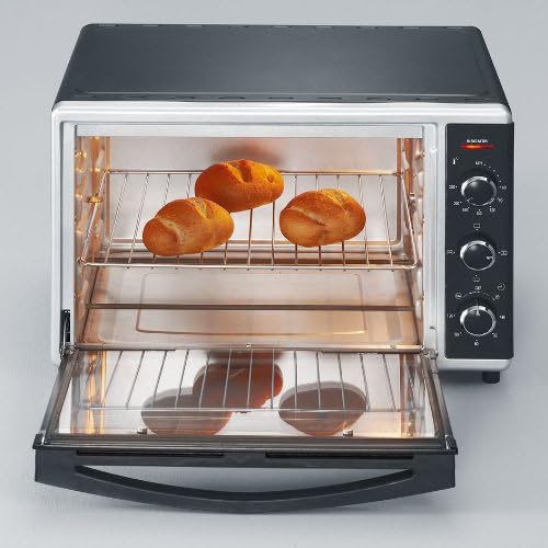 SEVERIN Back- und Toastofen mit Umluftfunktion, Mini Backofen mit Grillrost, Backblech, Drehspie und Pizzastein, vielseitiger Heiluftofen mit 42 L Kapazitt, 1.800 W, schwarz, TO 2058