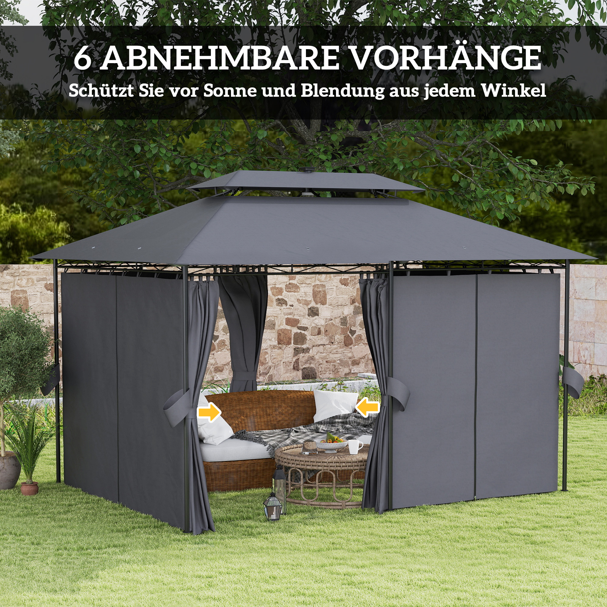 Outsunny 3 x 4 m Tuinpaviljoen, Tuintent met Zijwanden en Solar-LED-Lichten, Stalen Frame, Terrastent, Donkergrijs