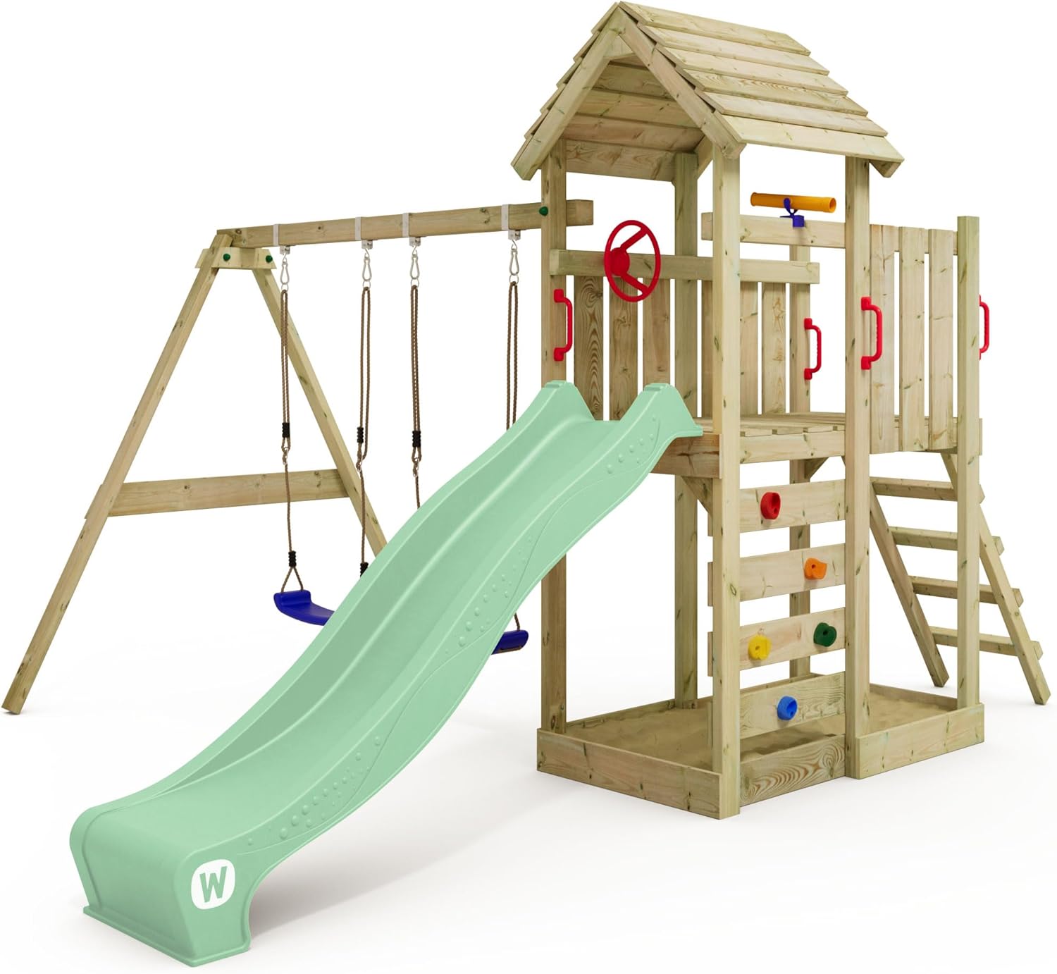 WICKEY Spielturm Klettergerüst MultiFlyer mit Holzdach, Schaukel & pastellgrüner Rutsche, Outdoor Kinder Kletterturm mit Sandkasten, Leiter & Spiel-Zubehör für den Garten