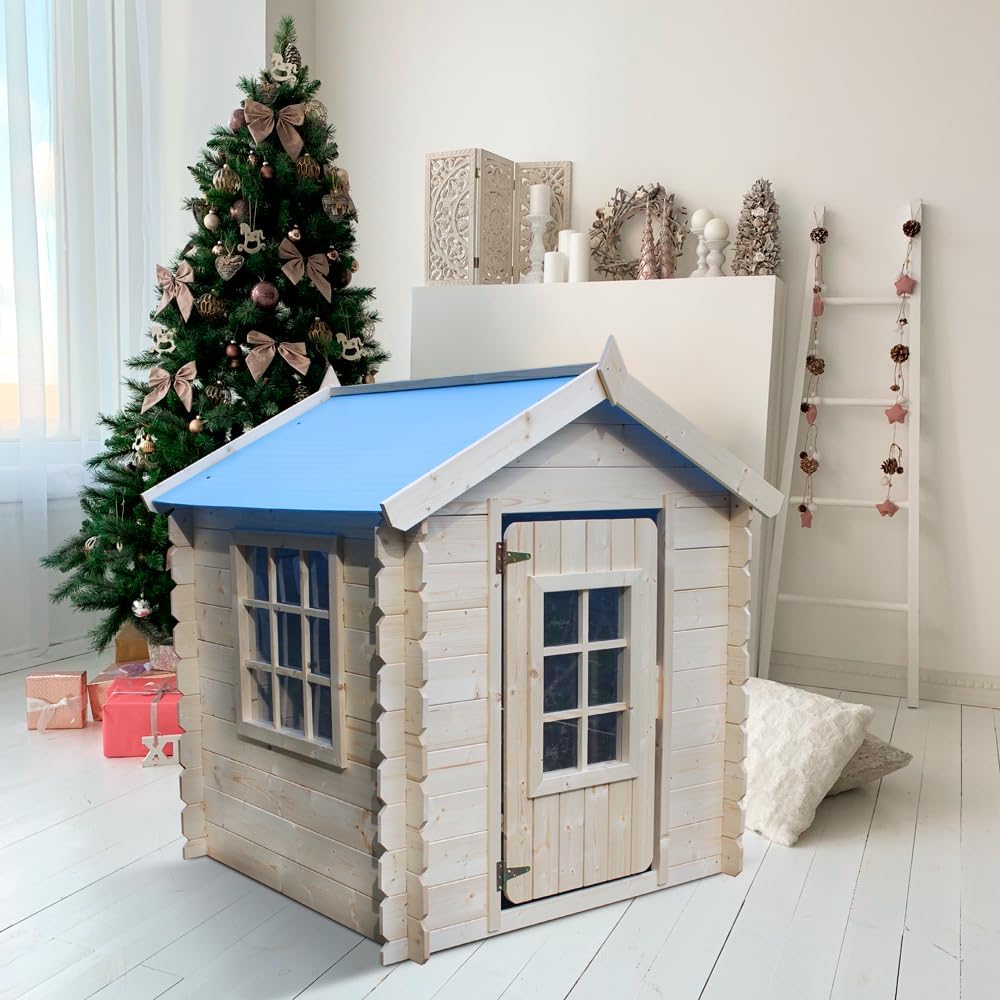 Timbela M570M-1 Kinderspielhaus aus Holz -Spielhaus im Freien für Kinder - 111x113xH121 cm/0.9 m2 Gartenspielhaus - Garten-Sommerhaus für Kinder (Die Dachfarbe ist blau)