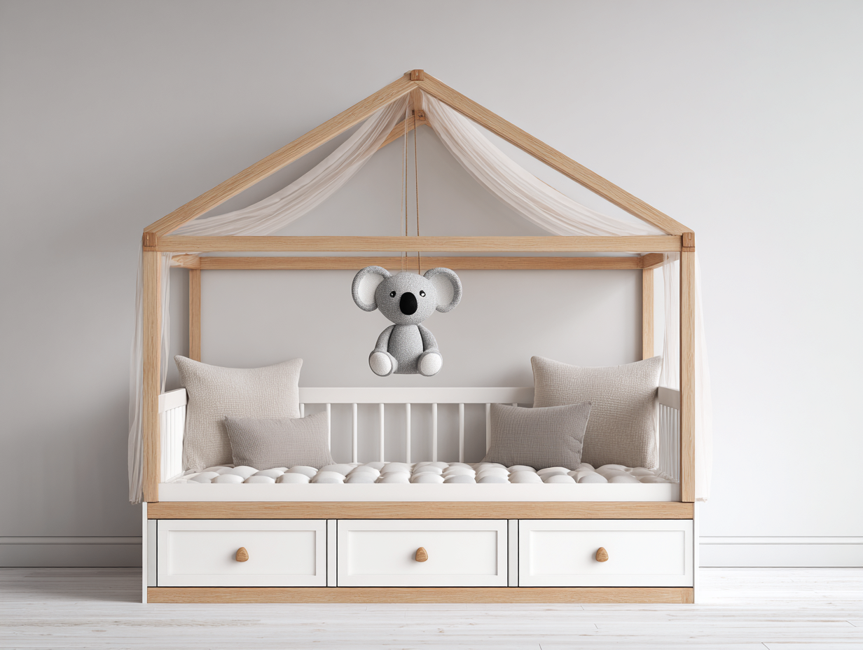Hausbett-Holzrahmen-170x90x155cm-Natur-Weiß-Stoffdesign-Schubladen-Hausdesign