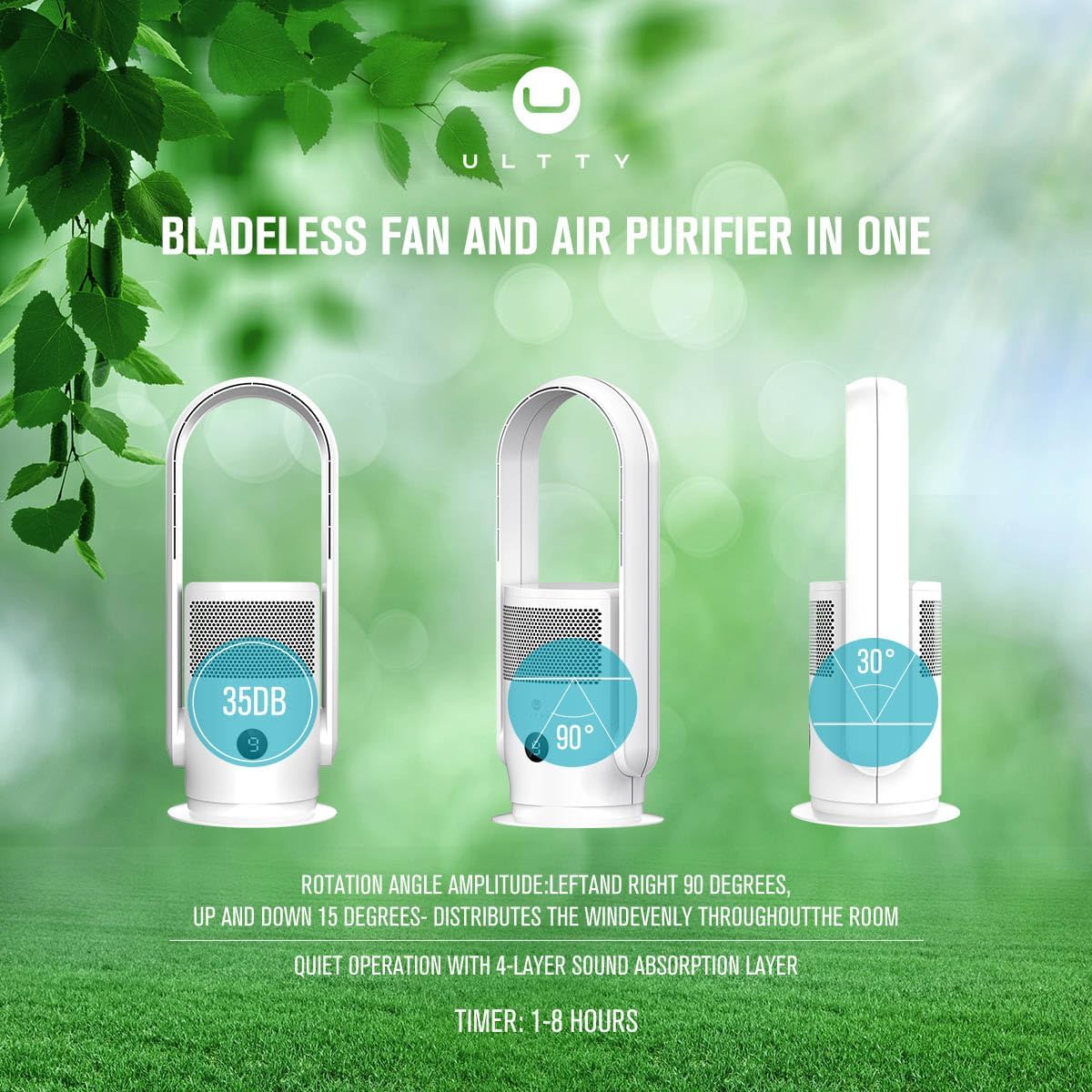 Rotorloser Ventilator mit Luftreiniger, Ultty Turmventilator Leise mit Fernbedienung, Touch, 8H Timer, HEPA-Filter 99,97%, 80cm 90° Oszillation Bladeless Fan für Schlafzimmer Heim, CR022 Weiß