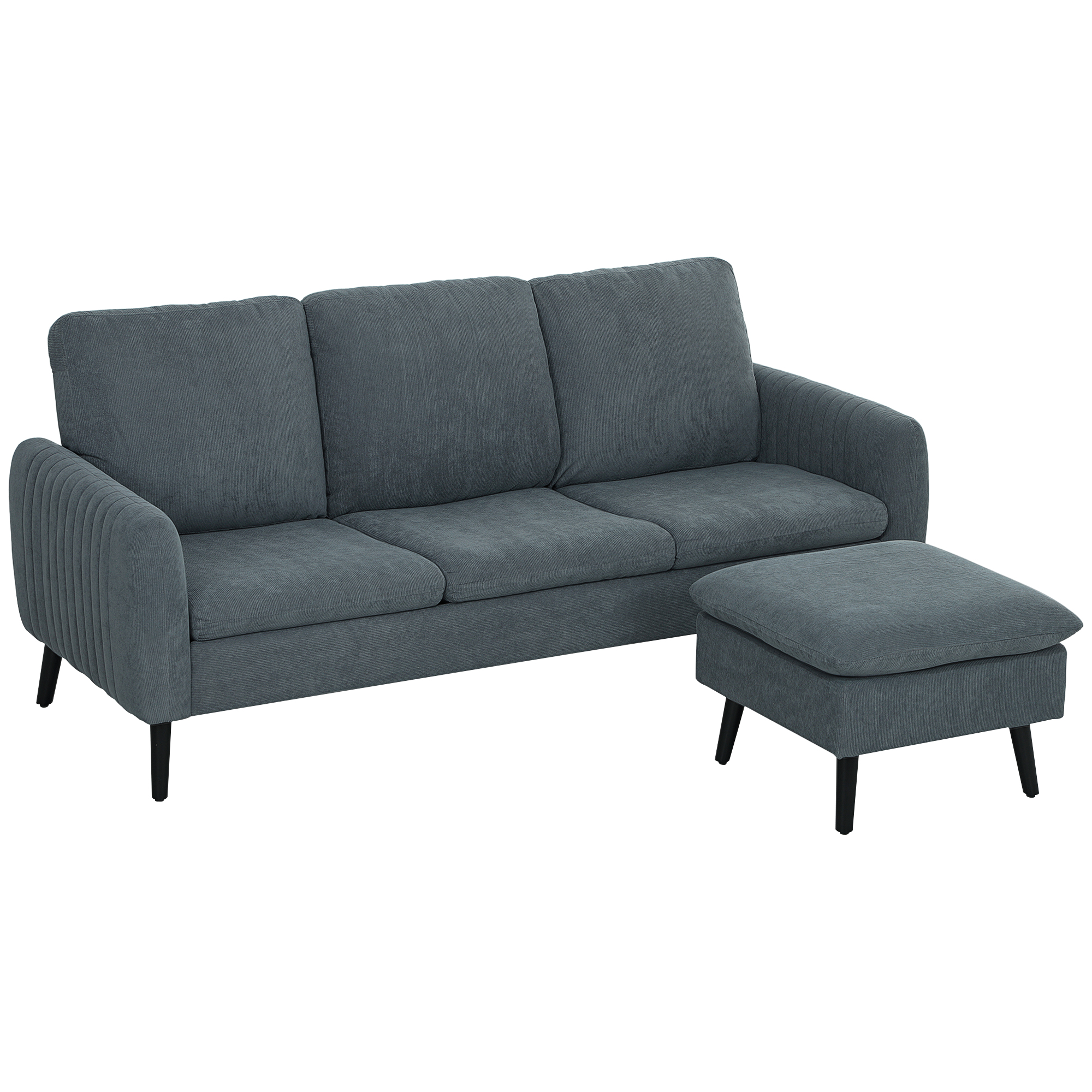 Hoekbank, 3-zitsbank met Voetenbank, Stoffen Bekleding, L-vormige Bankset, Donkergrijs