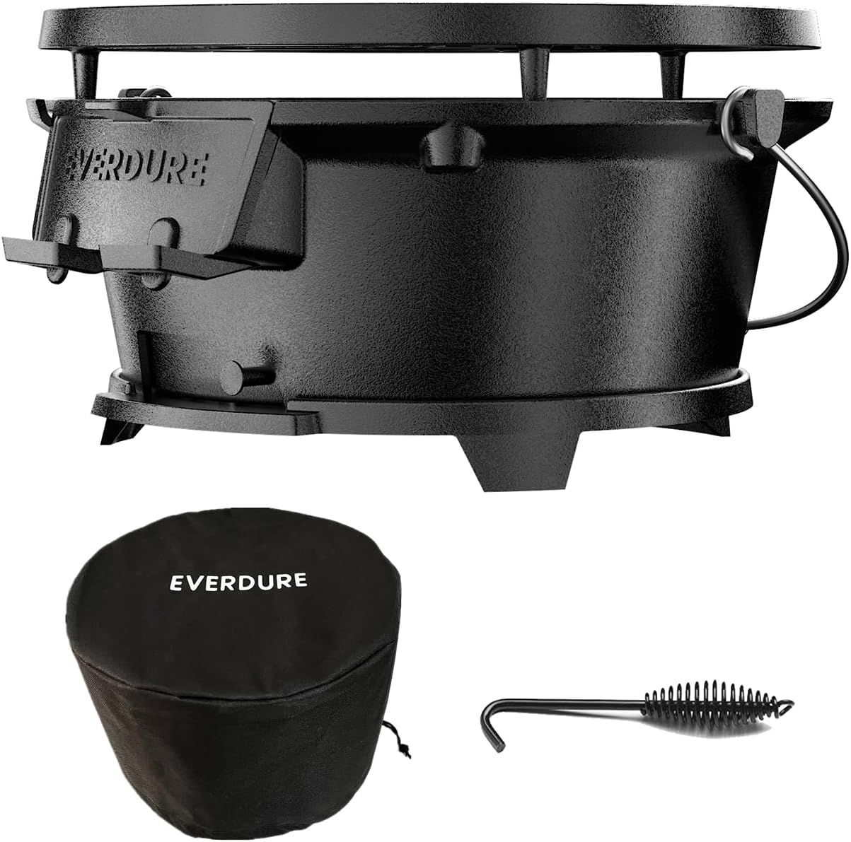 Everdure Portable Cast Iron Grill & Griddle with Cover �C Durable Outdoor Charcoal BBQ