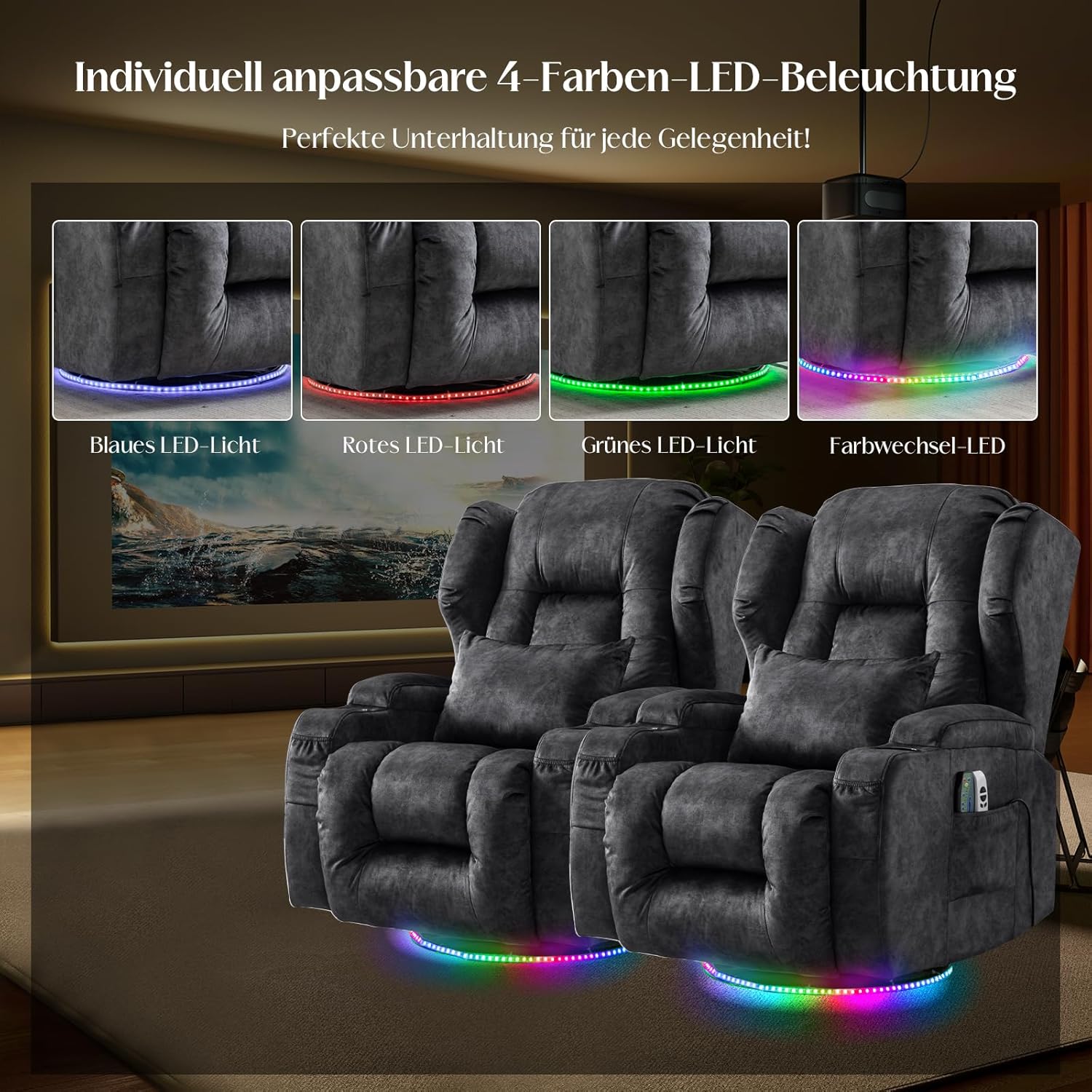Elektrischer Fernsehsessel Relaxsessel mit Liegefunktion,240°Drehsessel Kinosessel Massagesessel mit Wärmefunktion,TV Sessel Liegesessel fürs Wohnzimmer bis 150kg (Samtstoff, Grau)