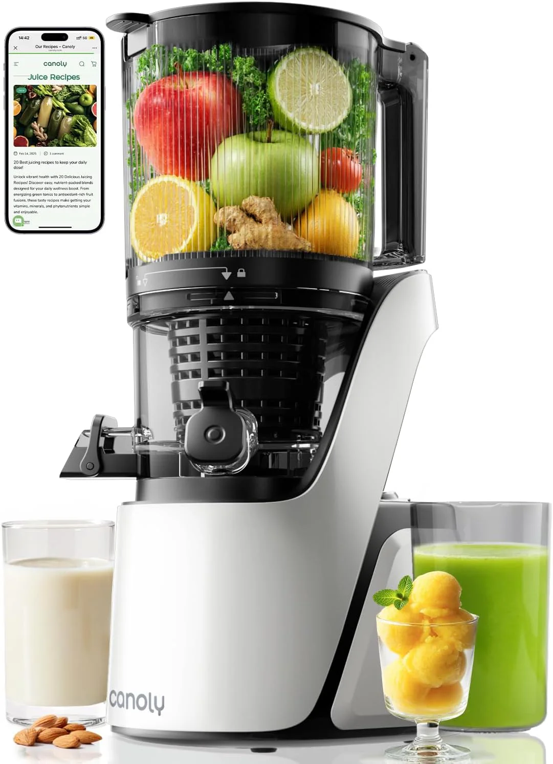 Canoly C16 Cold Press Juicer 6 Extra Wide Feed Chute 3 IN 1 Strainers AC Brushless Motor