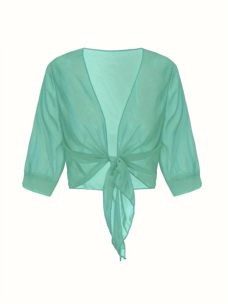 Transparente Damen-Bluse mit Bindeknoten und 3/4-?rmeln