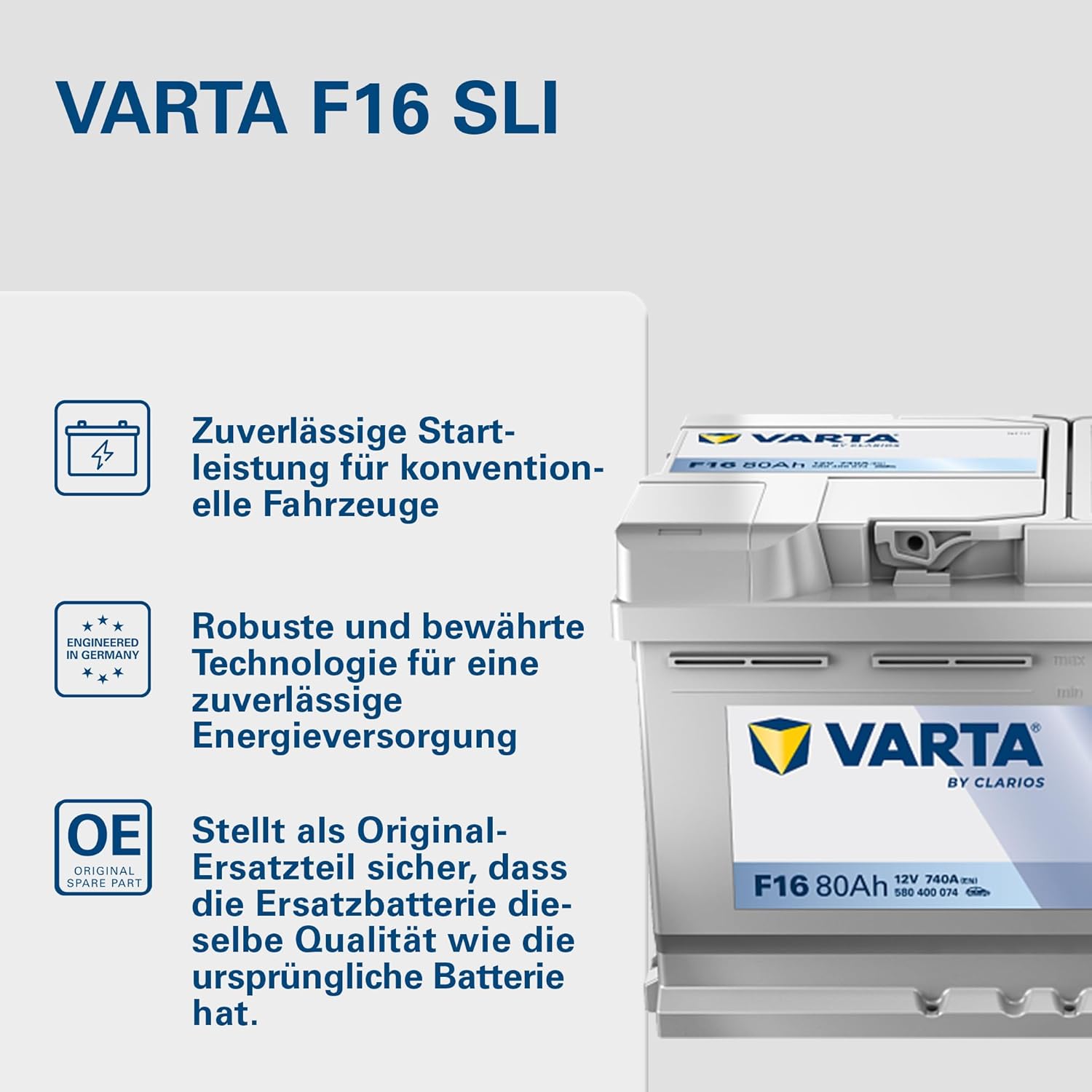 VARTA Automotive DYNAMIC SLI (F16) 12V 80Ah 740A - Nassbatterie KFZ mit Standardausstattung & ohne Start-Stopp System - Starterbatterie für einfachen Energiebedarf - Bleisäurebatterie wartungsfrei