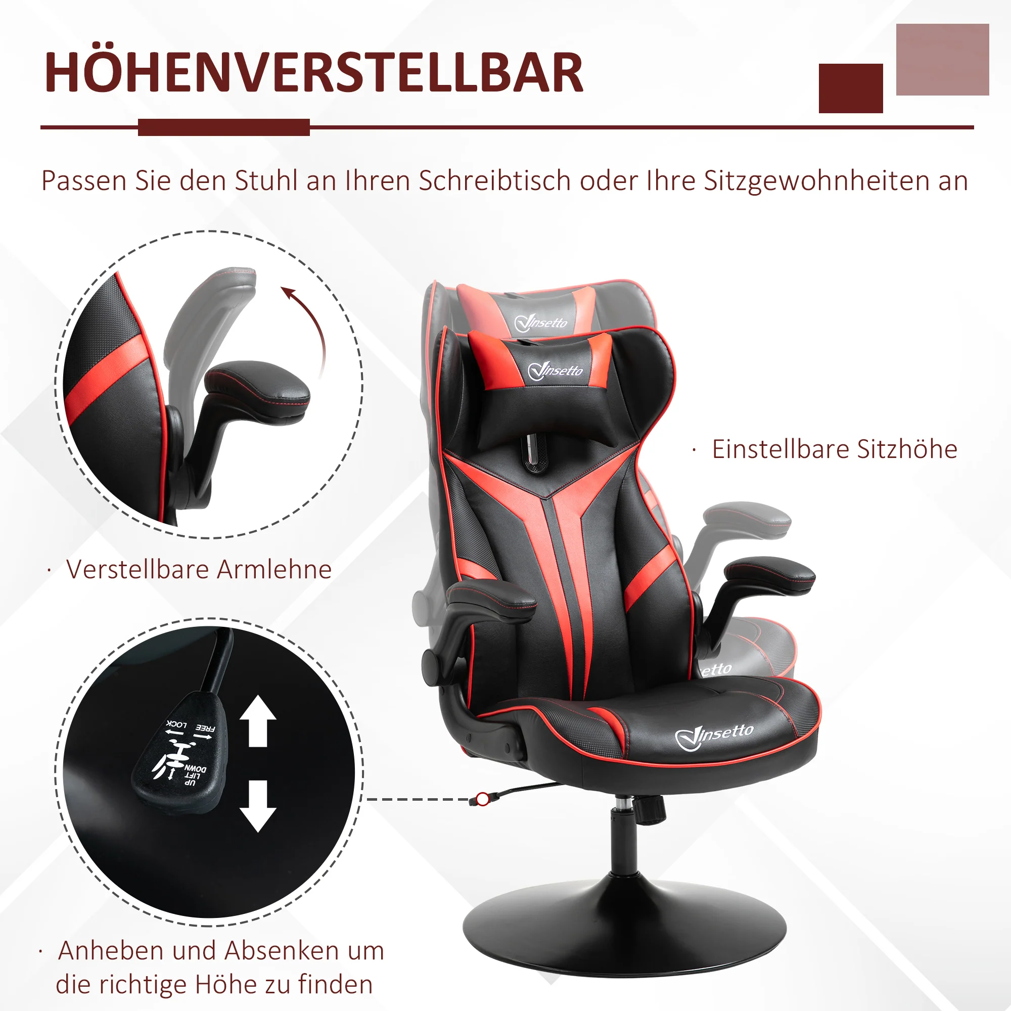 Vinsetto gamestoel ergonomische computerstoel met kantelfunctie draaistoel in hoogte verstelbaar staal zwart + rood 67 x 75 x 106-112 cm