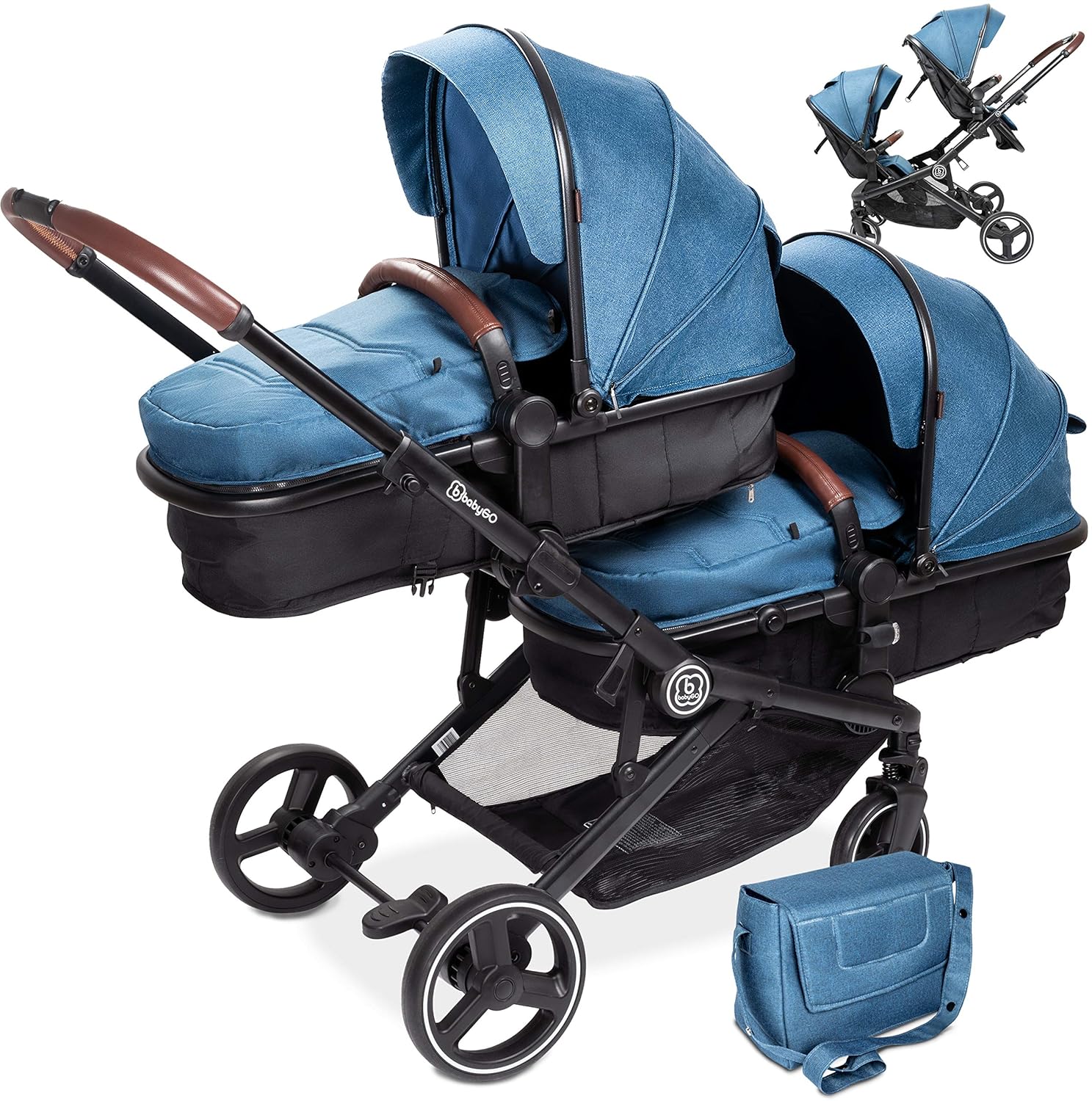 babyGO Kinderwagen 3-in-1 voor tweelingen - Duowandelwagen/tweelingwandelwagen voor baby's - Tweelingkinderwagen voor 2 kinderen met veel accessoires (blauw melange - zonder babyautostoel)