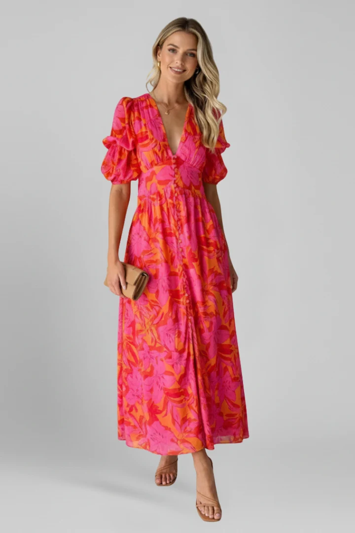 Maxikleid Damen mit V-Ausschnitt und Puff?rmeln | Bodenlanges Kleid mit Taillennaht und Allover-Print f��r jeden Tag