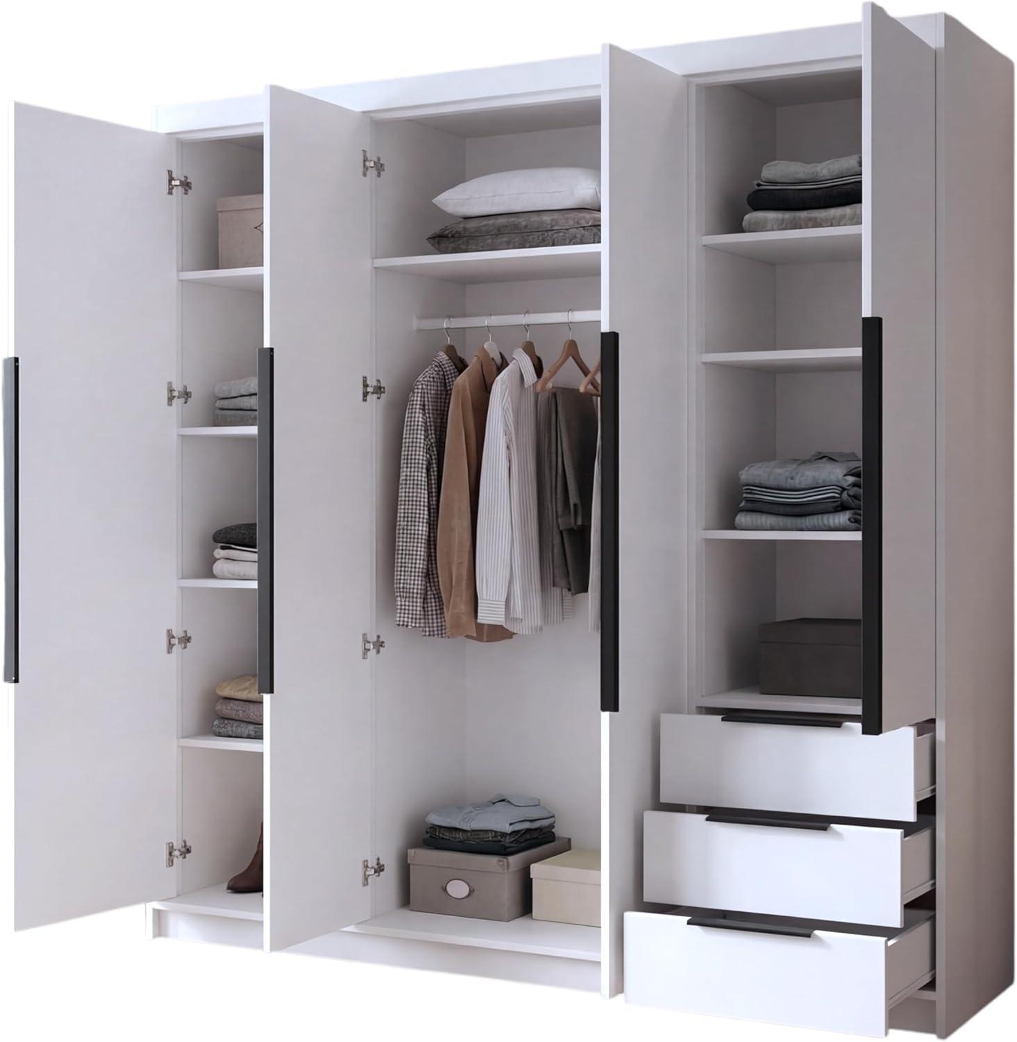 A und J MöbelLand VIVO Kleiderschrank 4-türig mit Spiegel und Schubladen - 200 x 215 cm - Drehtürenschrank mit Kleiderstange und Einlegeböden