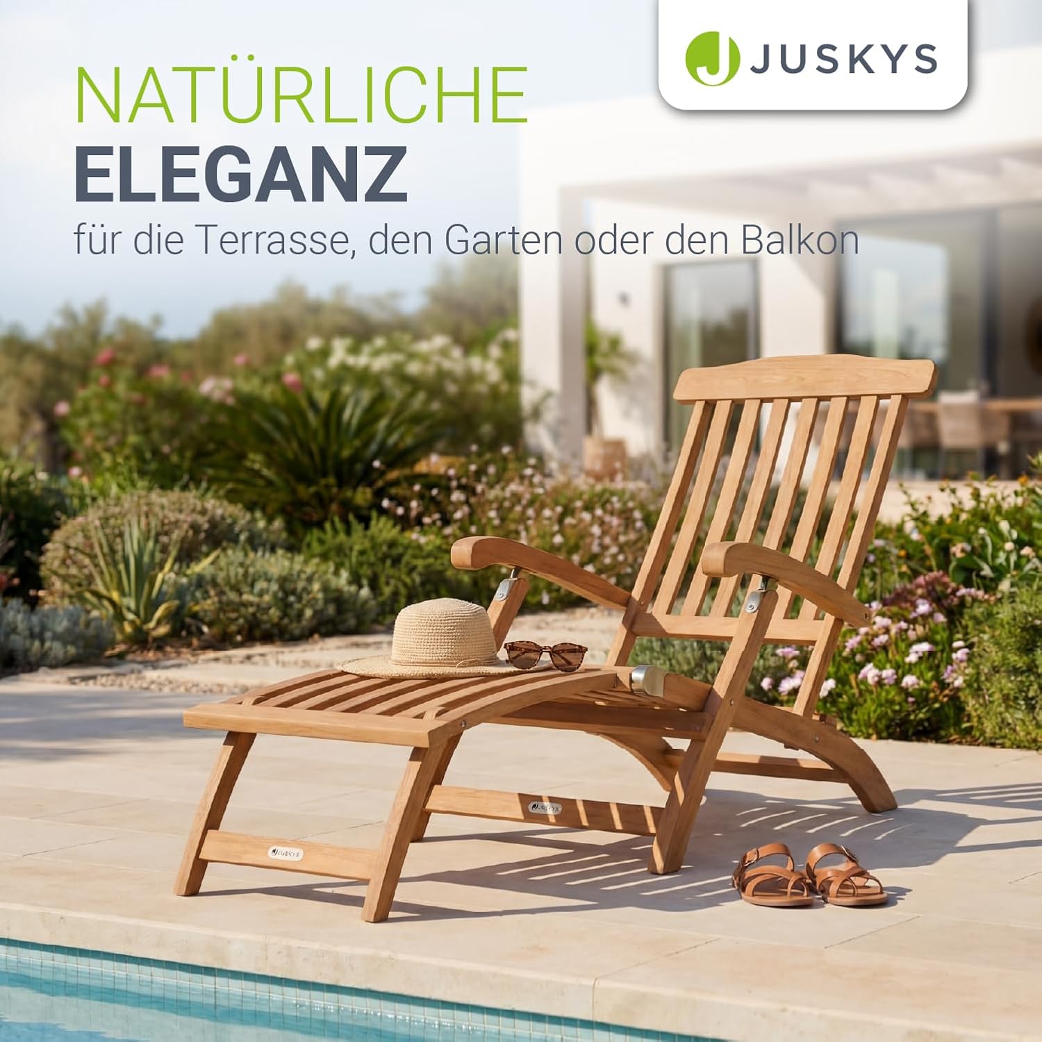Juskys® Sonnenliege Evia - klappbar für Garten & Terrasse, geöltes Akazienholz für natürliche Optik & langlebige Nutzung, 196x54x95 cm in Natur