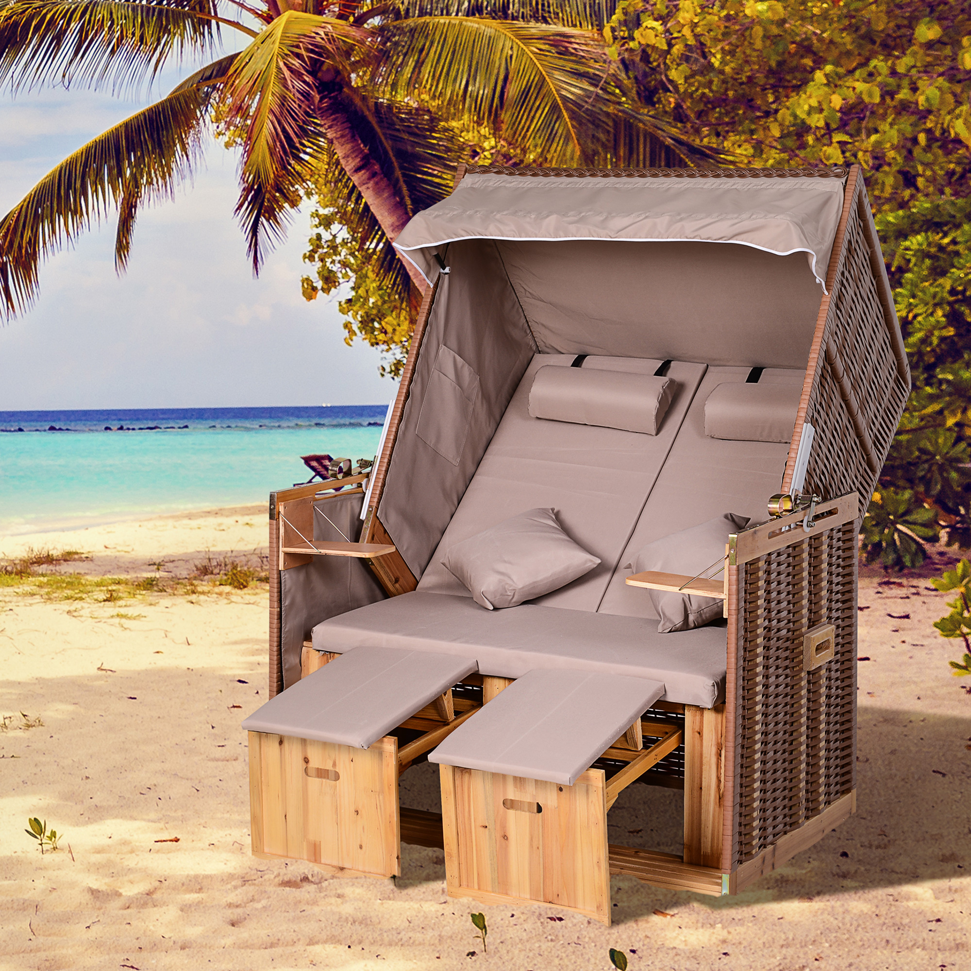 Strandstoel ligbed met beschermhoes voor bekerhouders PE rotan beige