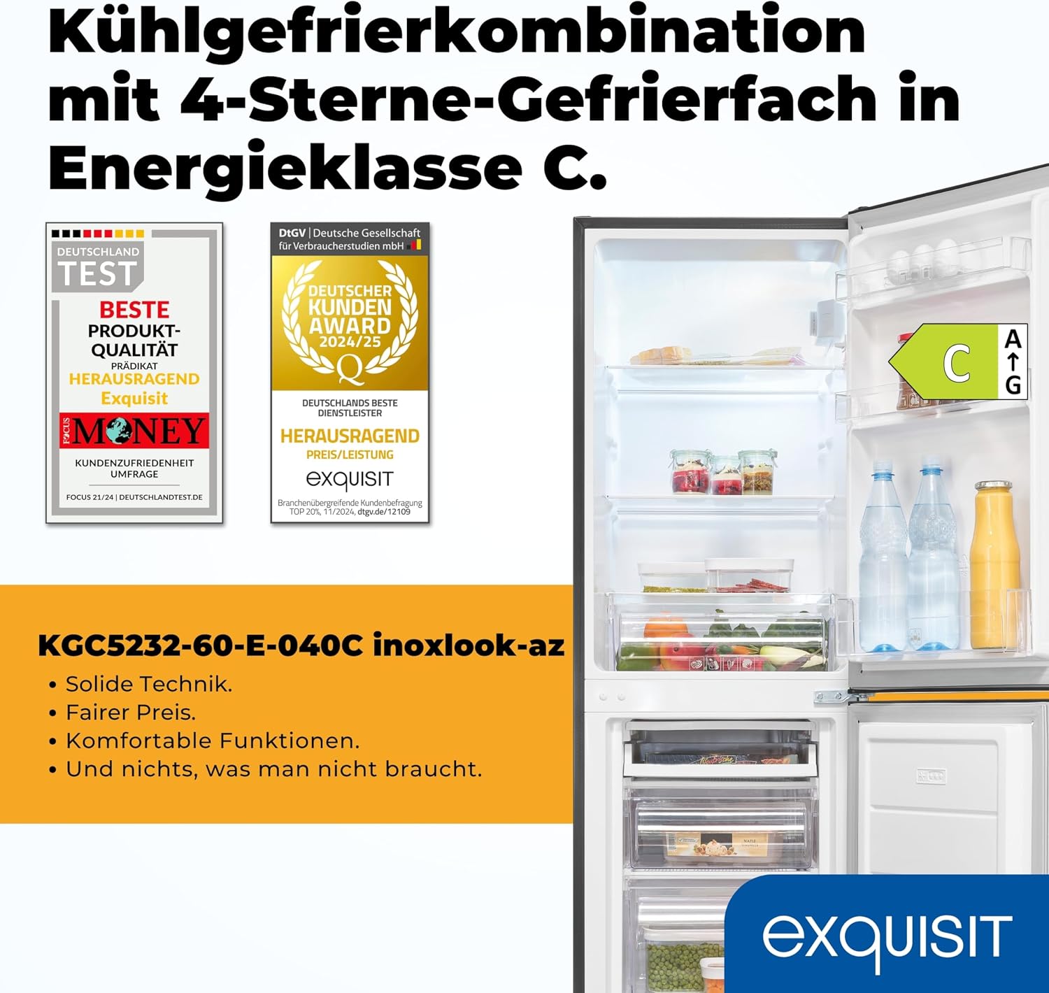 Exquisit Kühl-Gefrierkombination KGC5232, 173 l Nutzinhalt, Energieklasse C, 40 dB, Inoxlook, 4-Sterne-Gefrierfach 52 l, 142,5 x 49,5 x 56,0 cm