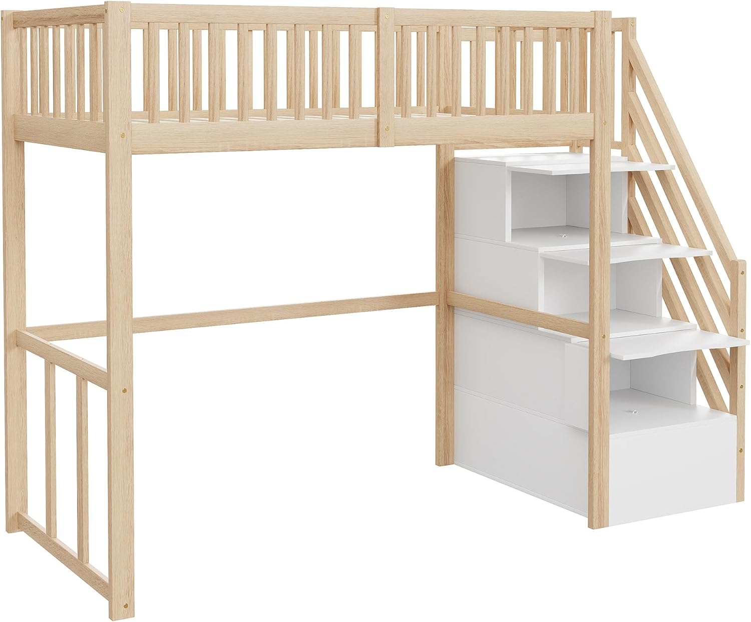 Moimhear Hochbett 90x200cm mit Sicherheits-Aufbewahrungsleiter, Bettgestell aus massivem Kiefernholz für Kinder und Jugendliche (Holzfarbe + Weiß)