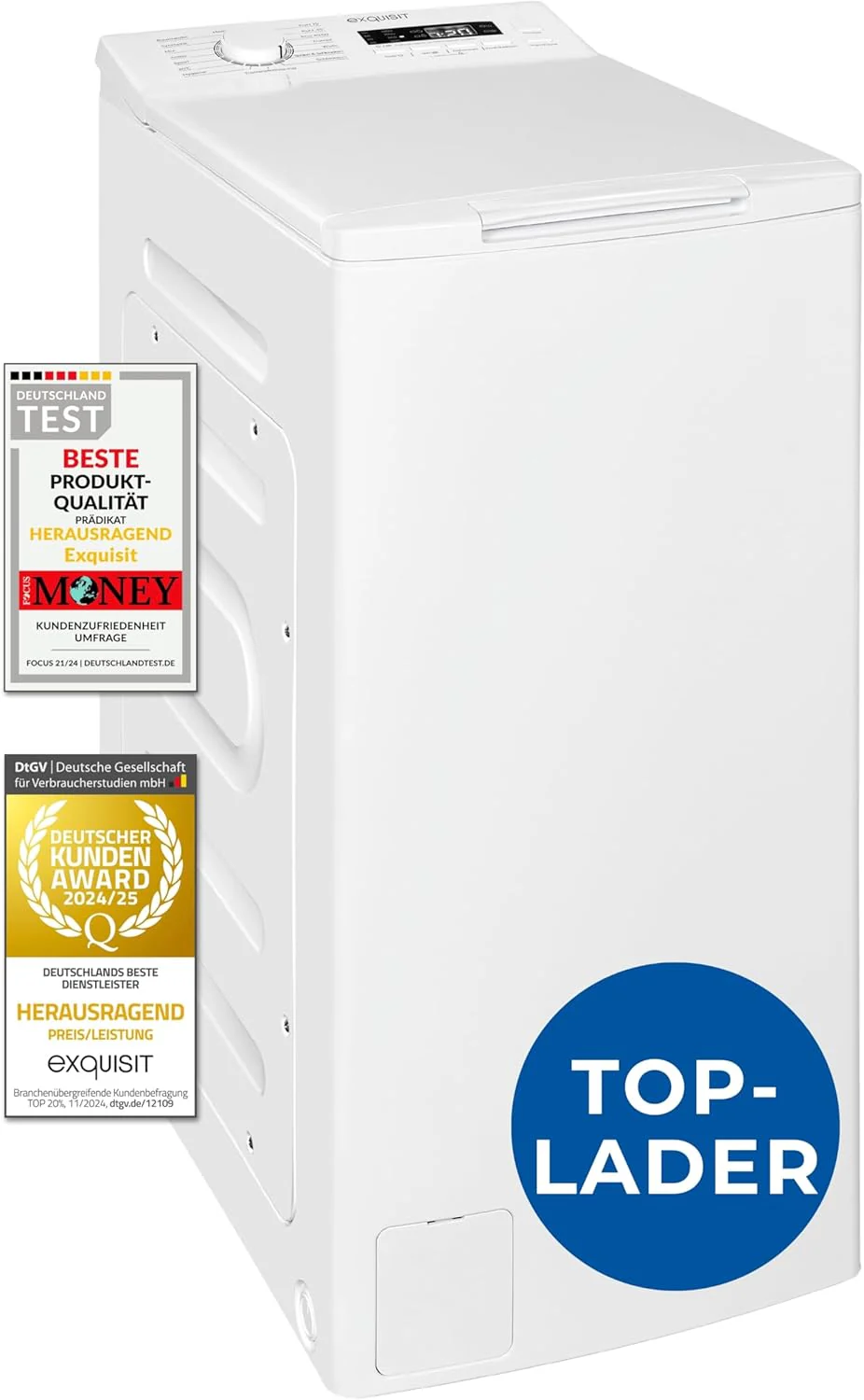 Exquisit bovenlader wasmachine, 7,5kg vulgewicht, smalle wasmachine, energieklasse A, 1200 tpm, startuitstel, kort programma, LTO51207-030A wit