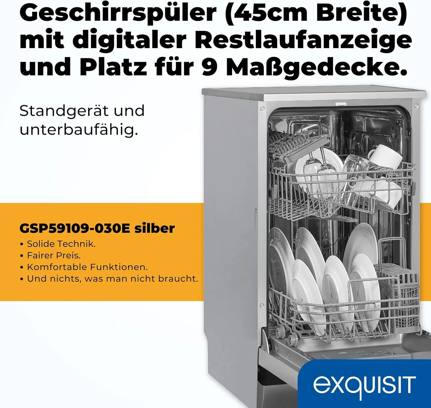 Exquisit Geschirrsp��ler, 9 Ma?gedecke, Sp��lmaschine 45 cm, Power+, ECO-Modus, Geschirrsp��ler 45 cm, GSP59109-030E silber