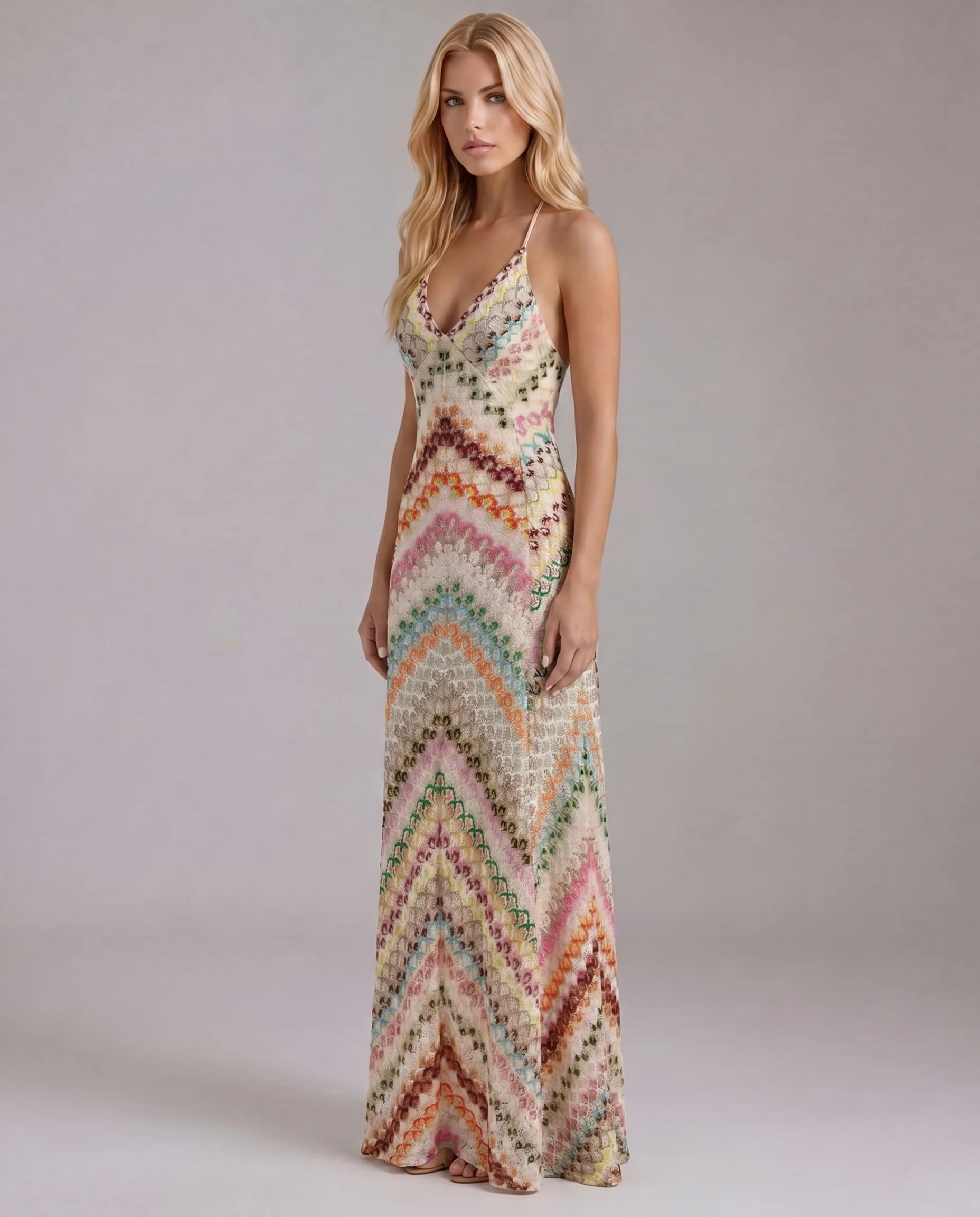 Boho H?kelkleid f��r Damen | Maxikleid mit Chevron-Muster und V-Ausschnitt | Luftiges Sommerkleid in H?keloptik f��r den Urlaub