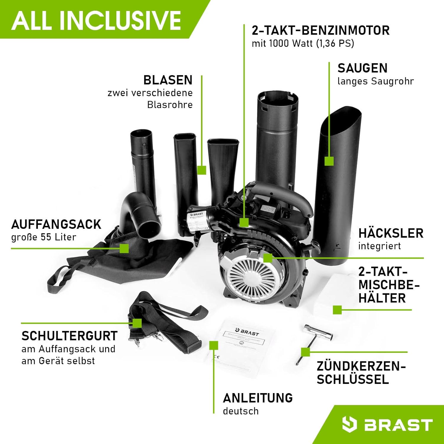 BRAST® Laubsauger Laubbläser Benzin 1,0kW(1,36PS) | 55L Fangsack | inkl. 2 Blasrohre, Schultergurt & Anti-Vibrationsgriff | 4in1 Funktion | Blasgeschwindigkeit 73 m/s