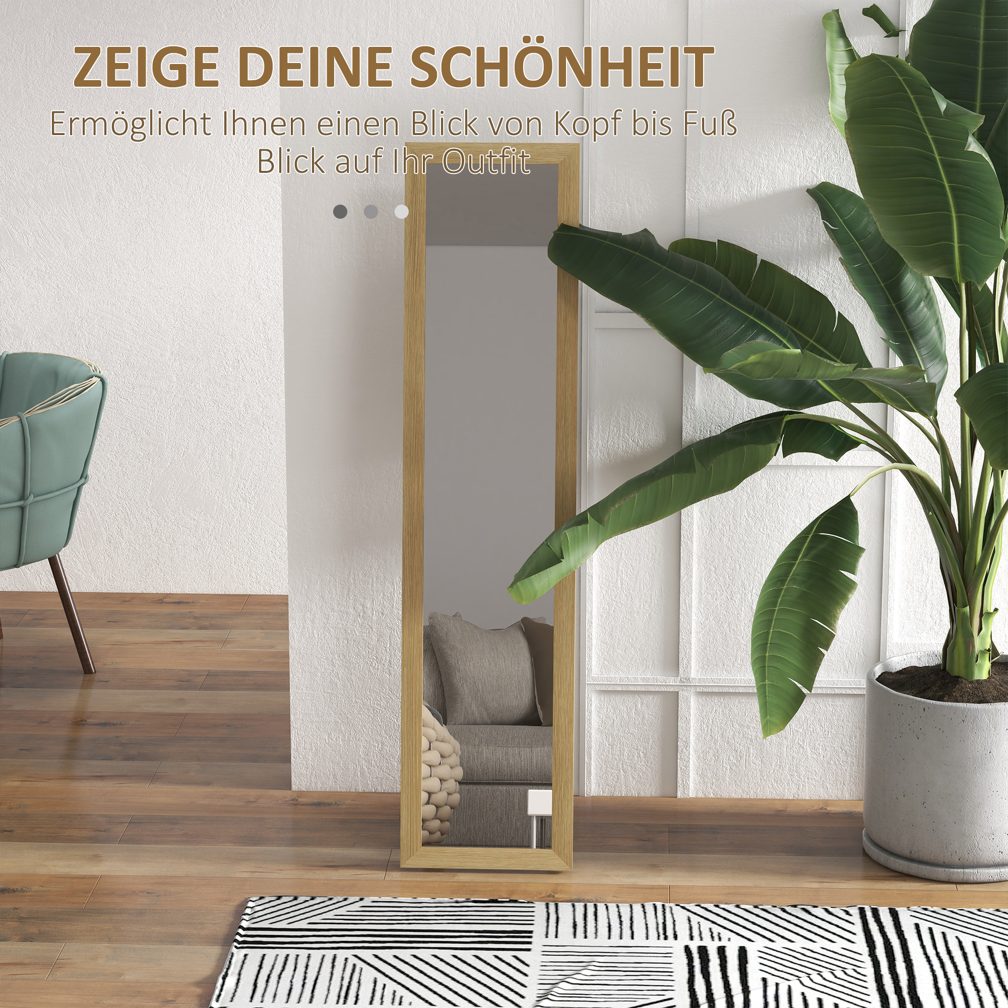 Spiegel Staande Spiegel Wandspiegel, 37 cm x 40 cm x 155 cm, inclusief ophanghaak, Zilver + Eikenhout