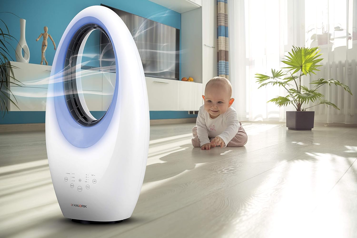 KALORIK VT2000 Leiser Blattloser Standventilator – 40W Schaufelloser Bodenventilator mit 4-farbiger LED-Hintergrundbeleuchtung, 7.5h Timer, Oszillation, 3 Geschwindigkeitsstufen, Weiß