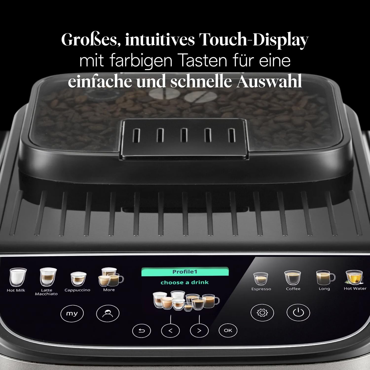 De’Longhi Magnifica Evo Next - Perfetto Kaffeevollautomat mit LatteCrema-Milchaufschäumer, 13 One-Touch-Getränke, Coffee- und Cappuccino Kaffeemaschine, farbiges Touch-Display, Titan (ECAM312.80.TB)