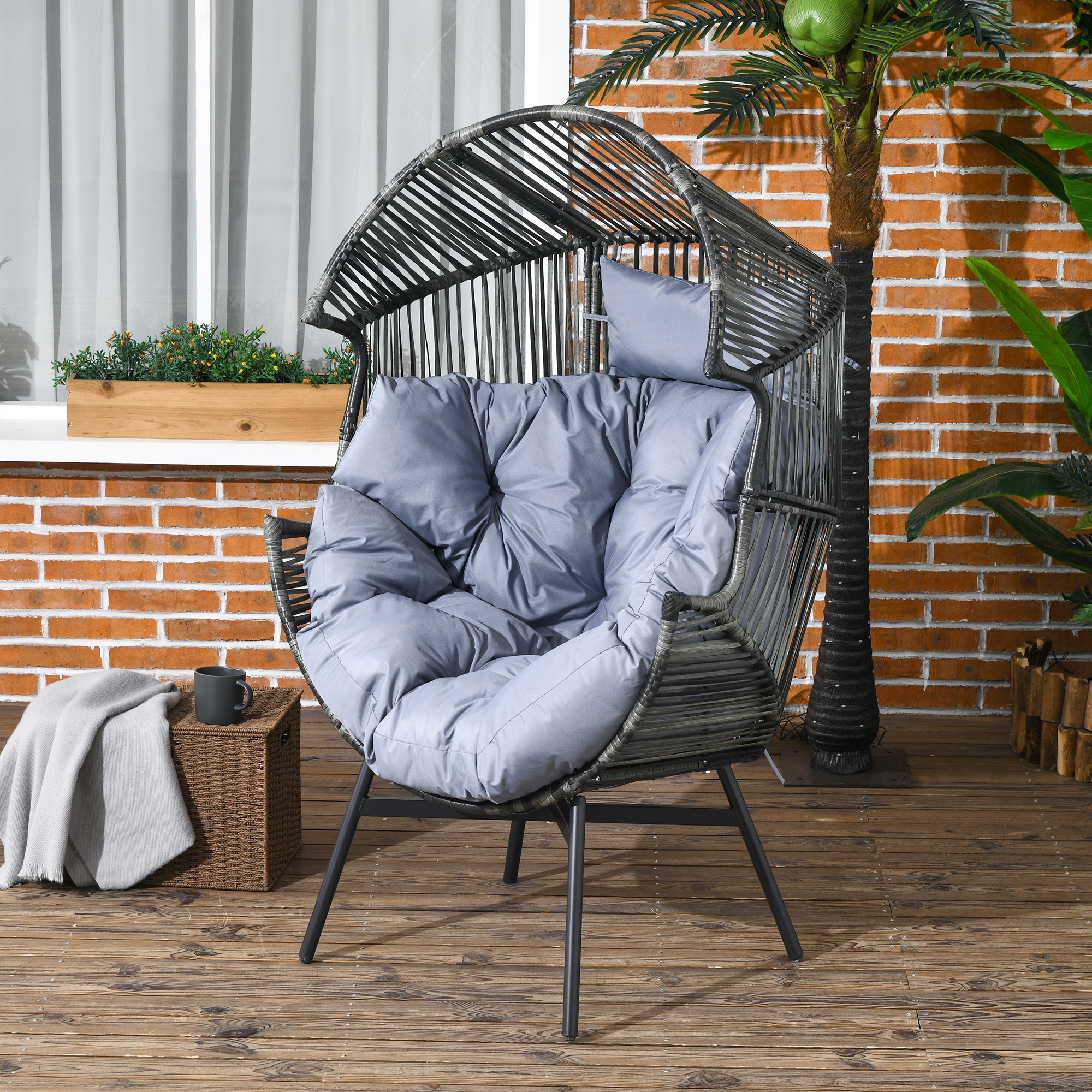 Outdoor Rotan Tuinstoel, PE-Rotan, 89 cm x 75 cm x 143 cm, Grijs+Zwart