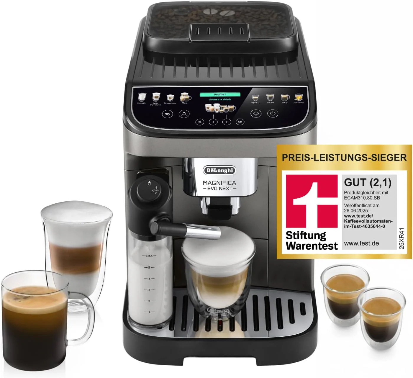 De'Longhi Magnifica Evo ECAM312.80.TB Kaffeevollautomat 1,8L – 13 Getränke, LatteCrema, Touch, Titan Schwarz