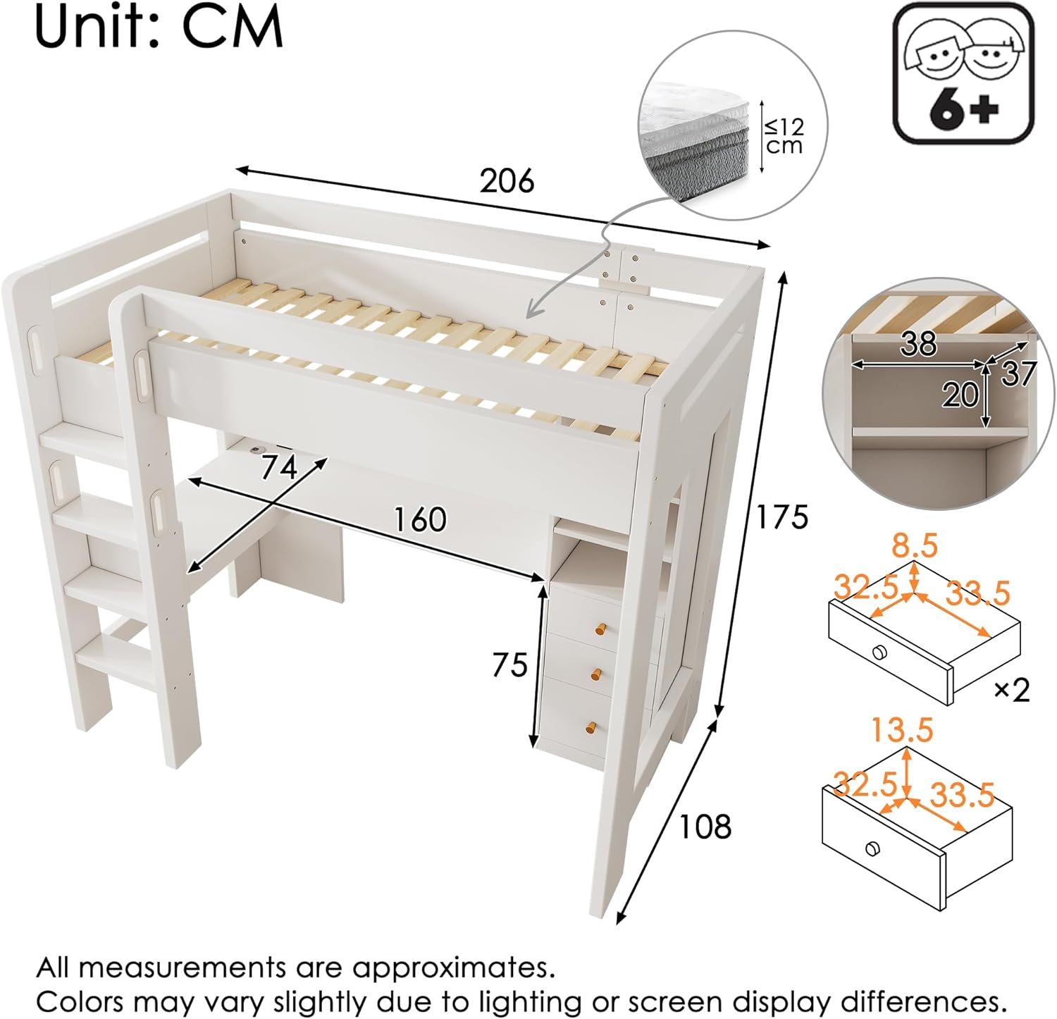 Hochbett Kinderbett 90×200 cm mit Schreibtisch und USB-C, Bett mit Regal und Schubladen Stauraum, Etagenbett mit Leiter, Holzbett mit Rausfallschutz und Lattenrost aus Holz, Weiß, Ohne Matratze