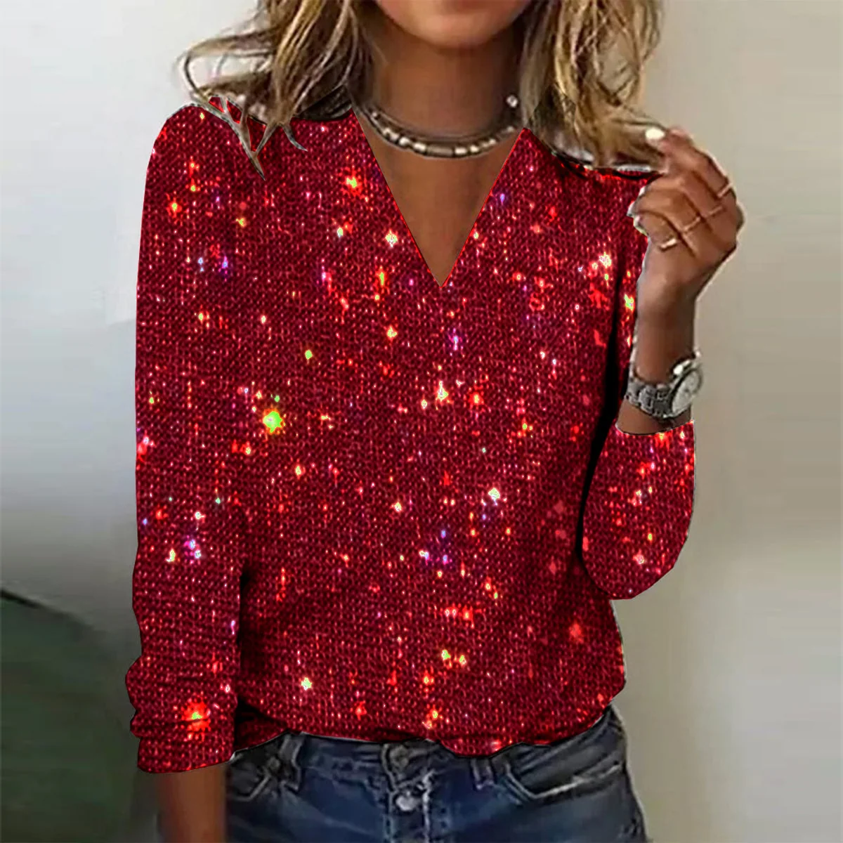 Festliche Glitzer Bluse f��r Damen mit V-Ausschnitt und Langarm | Elegantes Party Oberteil f��r besondere Anl?sse und Abende