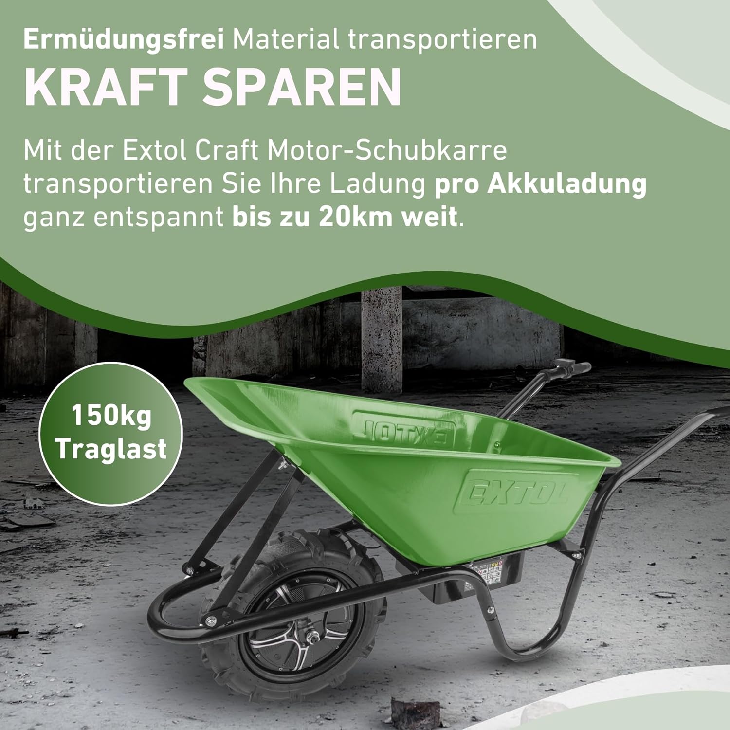 Extol Craft elektrische Schubkarre mit Akku, 500 W, 80 L Mulde & 150 kg Traglast, leistungsfähige Motorschubkarre, Offroad-taugliche Akkuschubkarre, mit Zwei 12V Blei Batterien