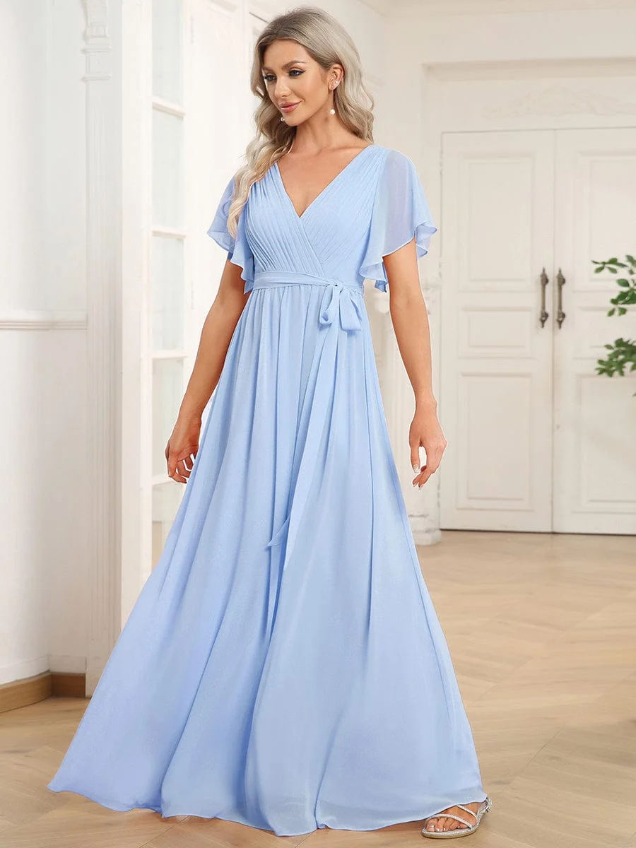 Abendkleid Damen Maxi A-Linie aus Chiffon | Festliches Kleid f��r Hochzeitsg?ste mit V-Ausschnitt und Fl��gel?rmeln