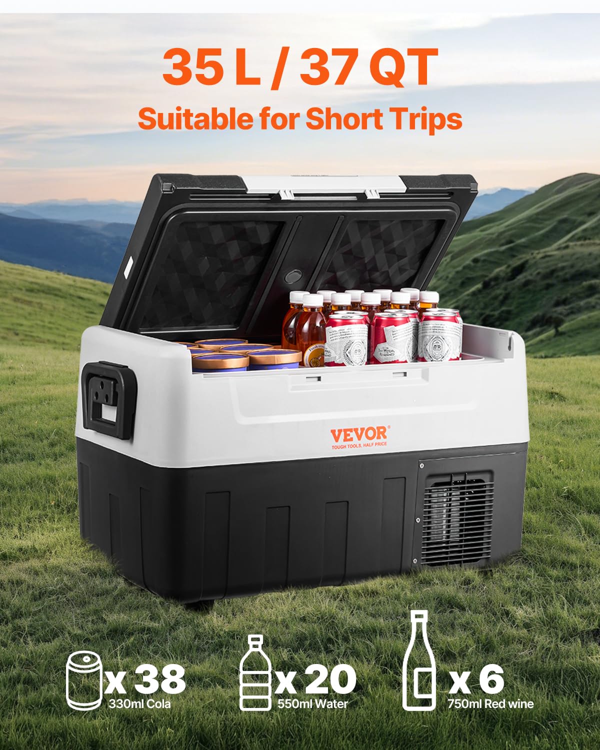 VEVOR Glacière Électrique Portable de 35 L Réfrigérateur de Voiture Portable 12/24 V CC 100-240 V CA Frigo Voiture Double Zone 0,6 kW.h -20 °C à 10 °C Réglable Congélateur pour Camion Bateau Camping