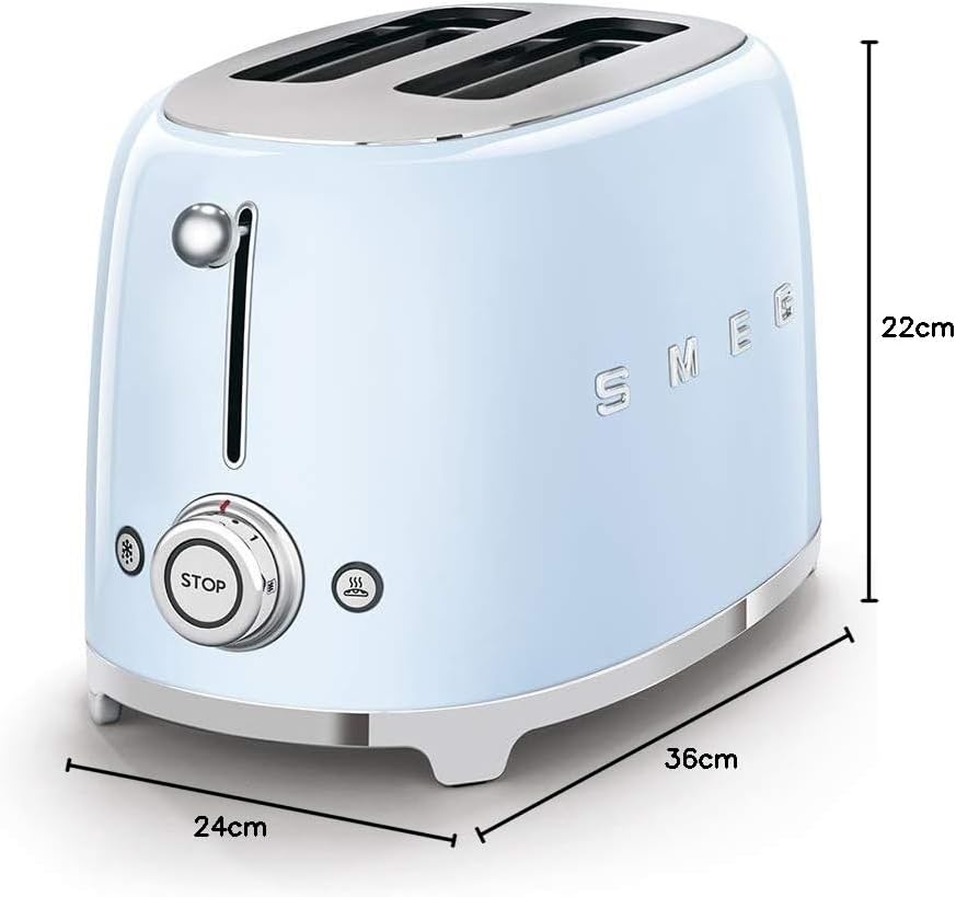 Smeg, 2x2 TSF01PBEU -Toaster, 2 Schlitze für 2 Scheiben, 6 Vergoldungsniveaus, Heizfunktion, Abtau- und Bagel- Funktion, Sammelschublade, 950W, Pastellblau